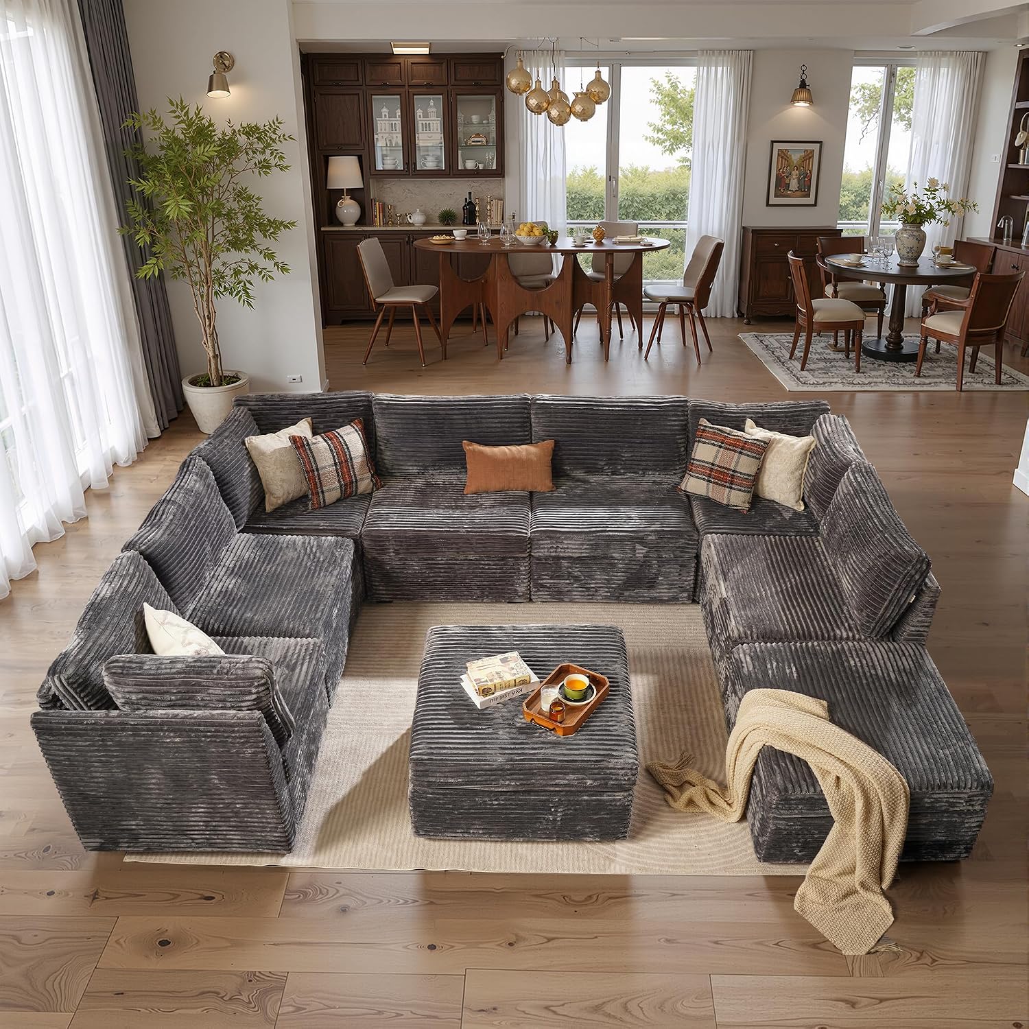 ovios Modular Sectional Sofa Couch with U-Shape Chaise Ottomans, Comfy Plush Corduroy Cloud Couches, Modern Deep Seat Sofas Set for Living Room, 9-Seater, Grey