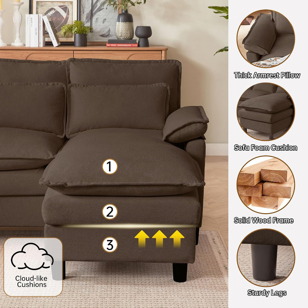 Comfy Cloud Couch Sectional Sofa with Lumbar Pillows, Modern U-Shaped Cloud Sofa with Double Chaise & Deep Seat 4 Seat Sectional Couch for Living Room, or Office, Easy Assembly, Dark Coffee