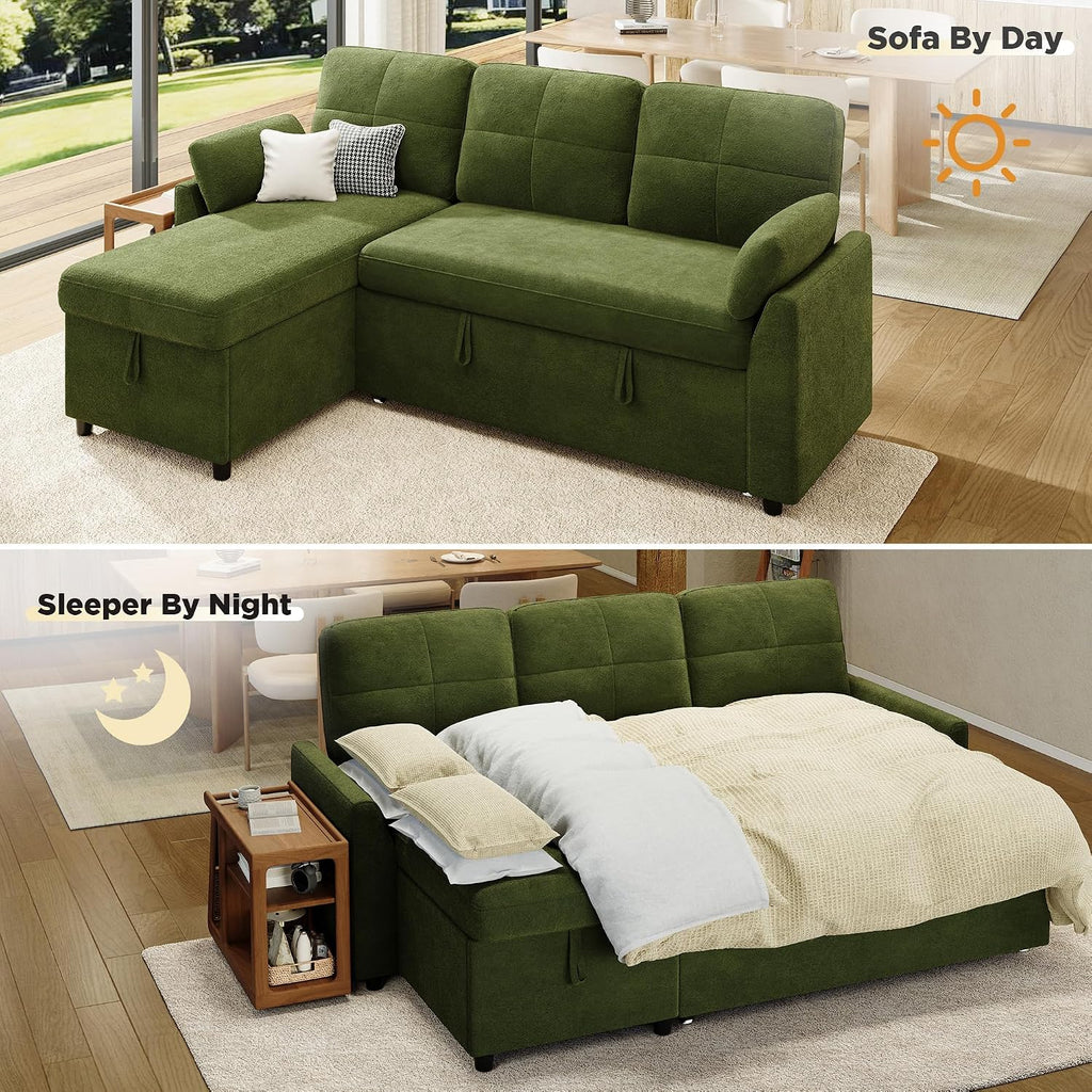 VanAcc Sleeper Sofa, Sofa Bed with Storage Chaise, Convertible Sofa Bed with Pull Out Couch, l Shaped Couch for Living Room, Linen Green