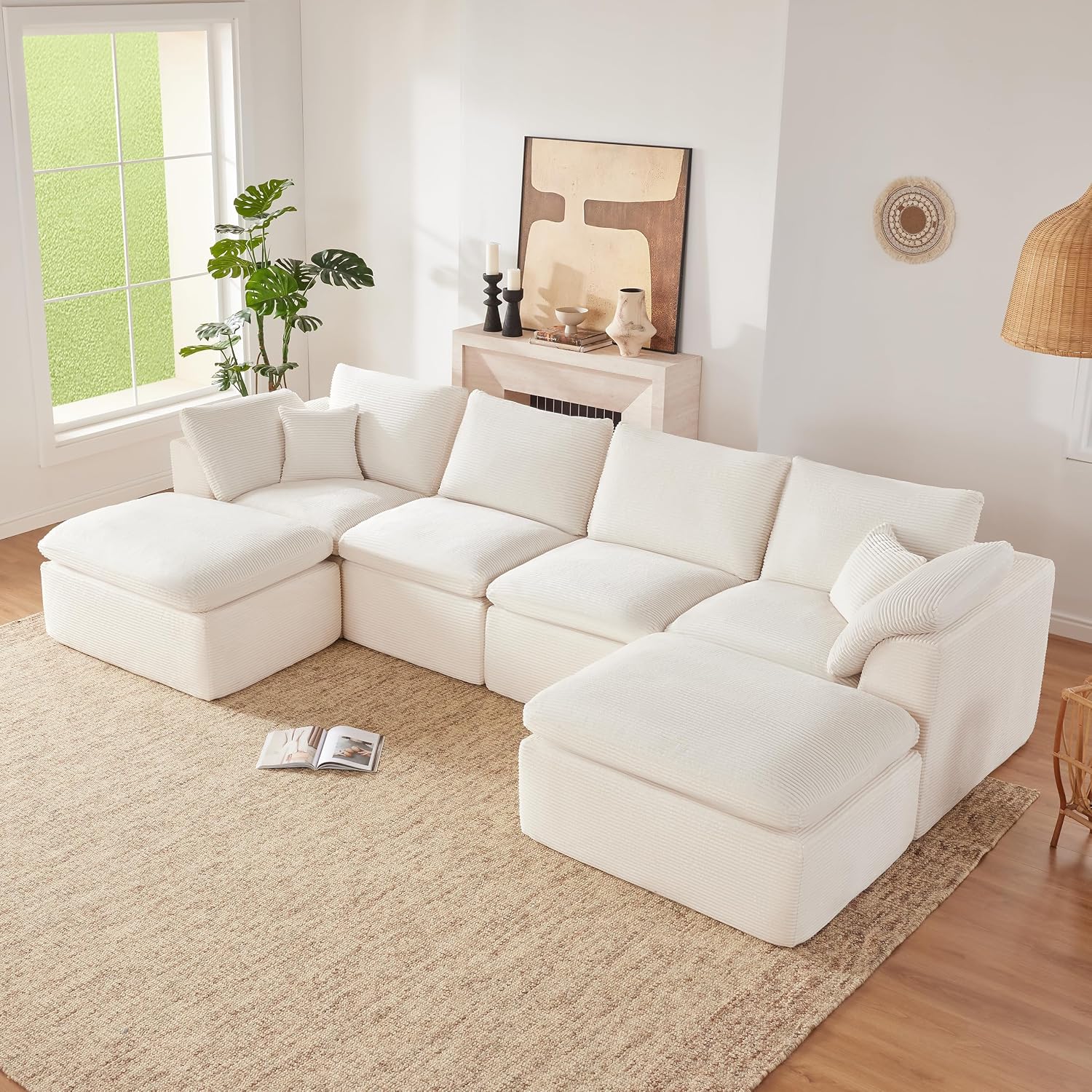 143' Cloud Sectional Couch, Boneless couches for Living Room, U Shaped Couch with Convertible Ottoman, Modular Sectional Sofa with Deep Seat, Comfy Soft Cushions, No Assembly, Beige