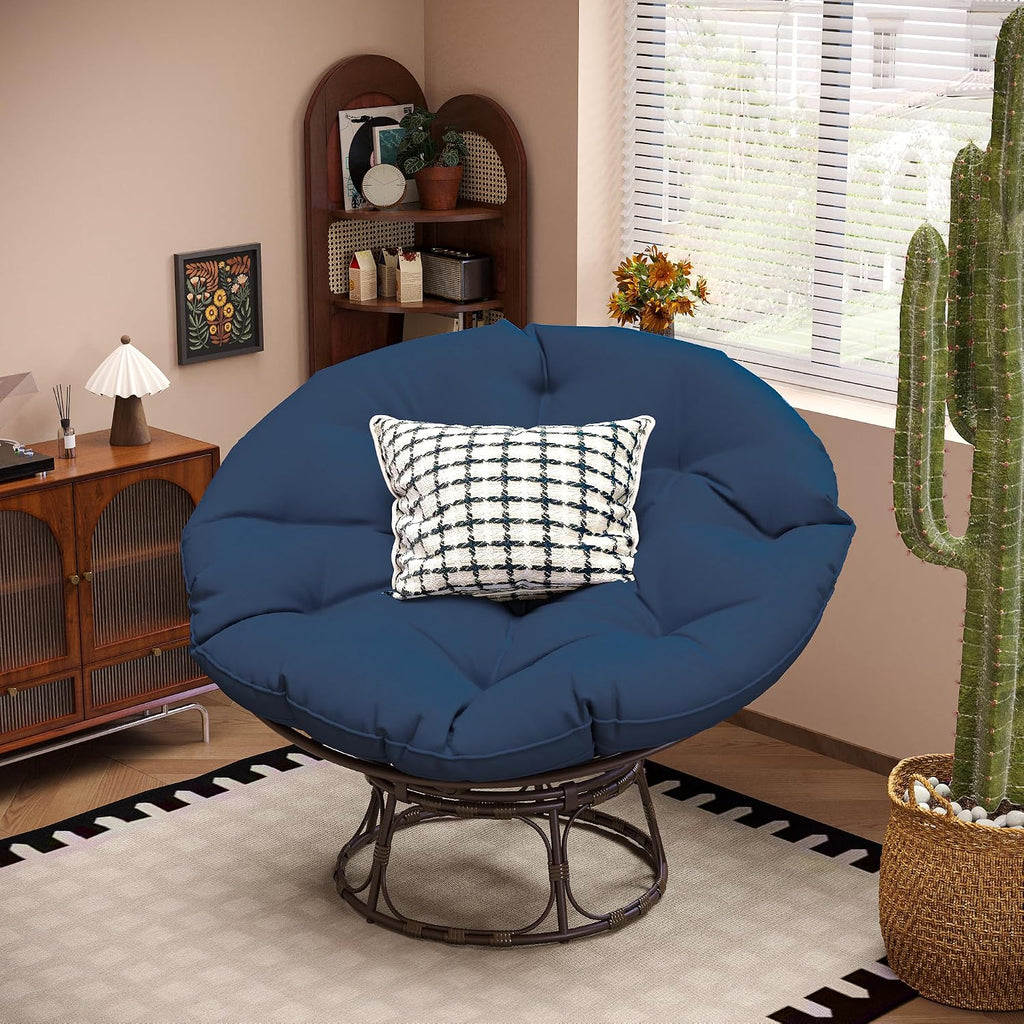 46'' Large Size Papasan Chair with (Non-Swivel) Cushion and Frame, Living Room Chair for Reading, Navy Blue