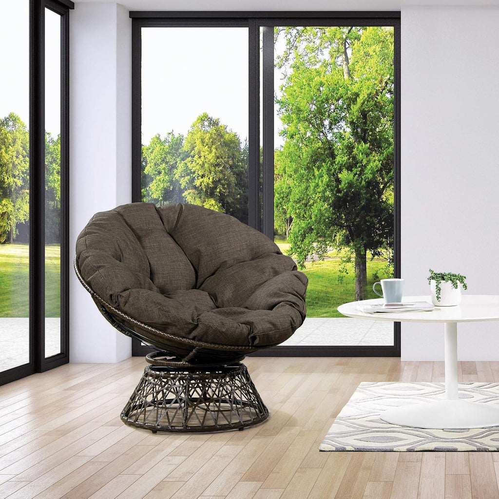 OSP Home Furnishings Wicker Papasan Chair with 360-Degree Swivel, Brown Frame with Brown Cushion