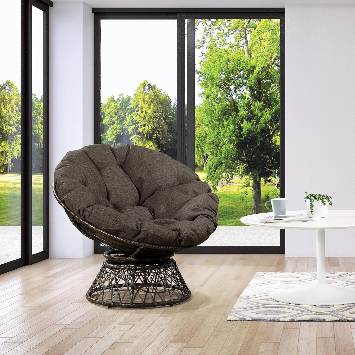 OSP Home Furnishings Wicker Papasan Chair with 360-Degree Swivel, Brown Frame with Brown Cushion