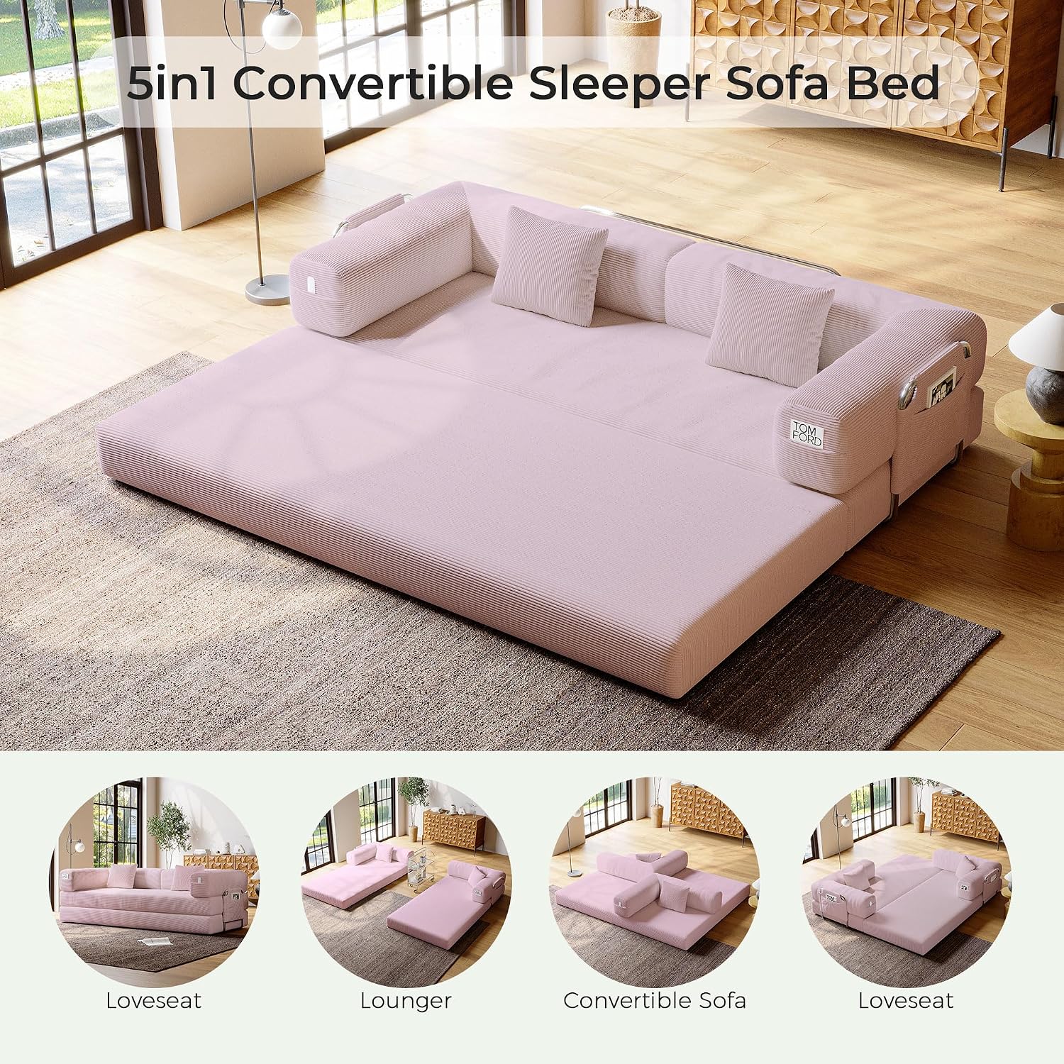 5-in-1 Folding Convertible Sofa Bed, Loveseat Sleeper with Pull-Out Bed, Floor Sofa Modular Futon Couch, 79' Oversized Corduroy Upholstered Boneless Couch for Living Room, Bedroom, Lounge, Pink-A