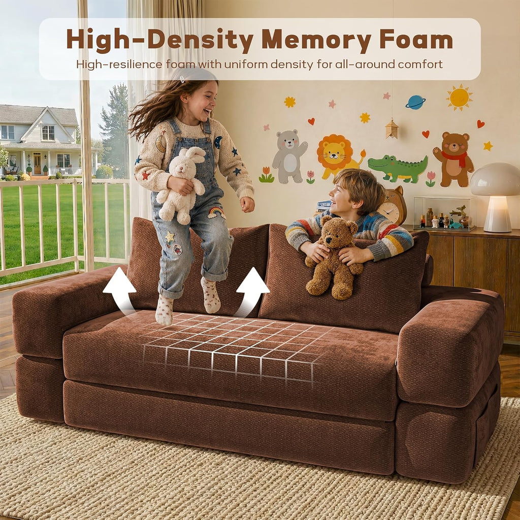 75'' Folding Convertible Sofa Bed with Large Pillow, 4-in-1 Foldable Pull Out Futon Sofa Bed, Chenille Boneless Mattress Couch, No Assembly Floor Sleeper Sofa Bed for Living Room/Bedroom, Caramel