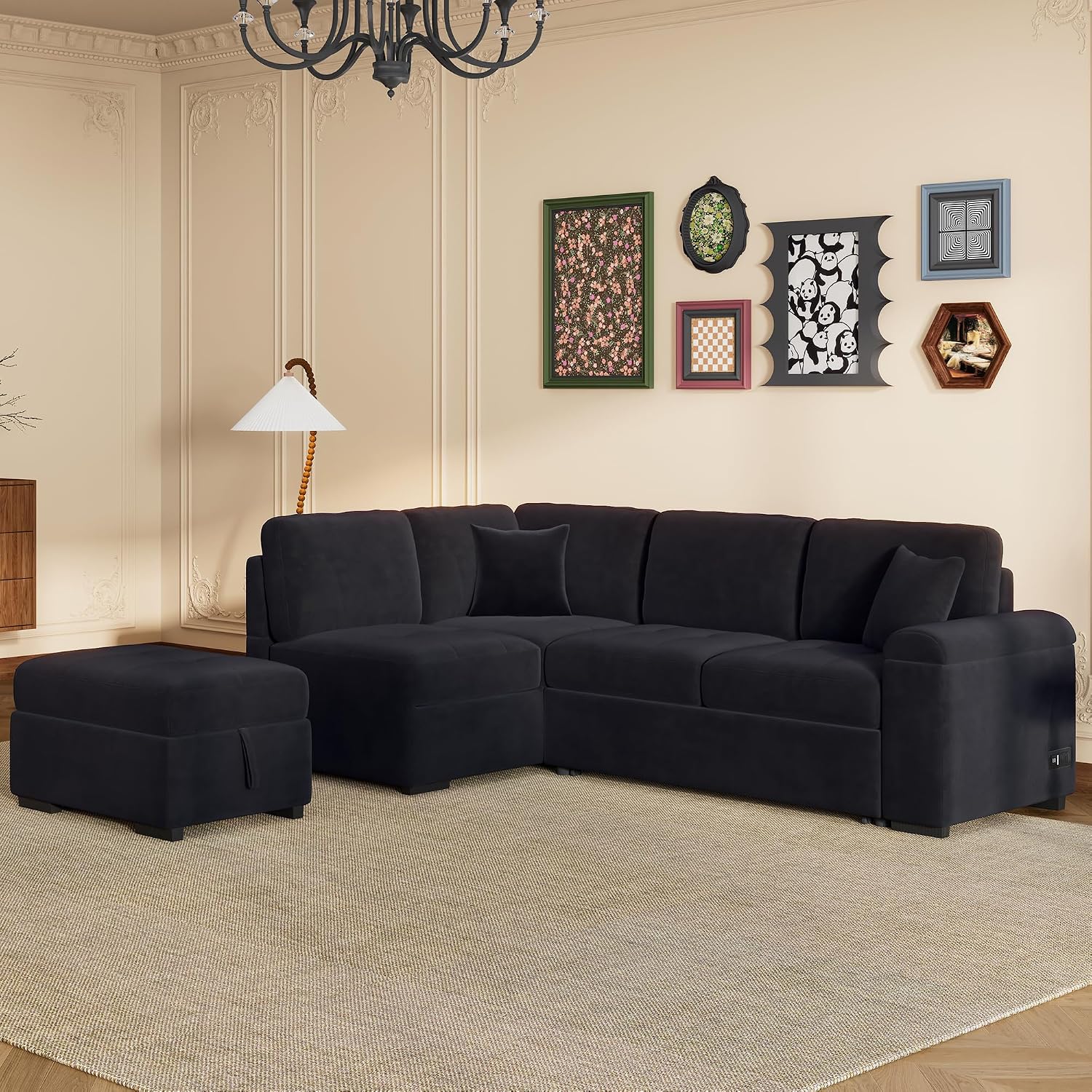 LUMISOL 87.4' Convertible Sleeper Sofa Bed with Storage Ottoman, L-Shaped Sectional Sofa with Storage Arm & Charging Stations, Pull Out Sofa Couch with Chaise for Living Room, Black