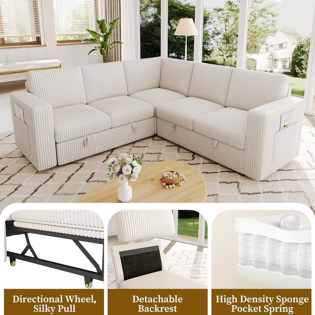 83.5' Sectional Sleeper Sofa with Pull Out Couch, Modern 5 Seat L Shaped Modular Couch, Sectionals Modular Sofa with Storage, Comfy Corduroy Couches Sectional for Living Room & Apartment, Beige