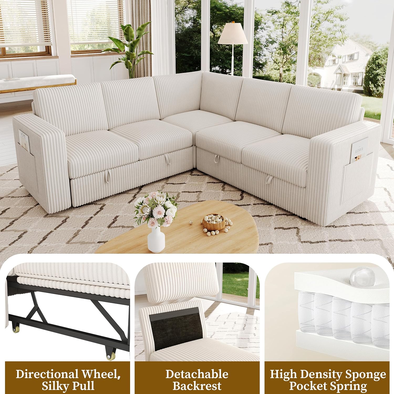 83.5' Sectional Sleeper Sofa with Pull Out Couch, Modern 5 Seat L Shaped Modular Couch, Sectionals Modular Sofa with Storage, Comfy Corduroy Couches Sectional for Living Room & Apartment, Beige