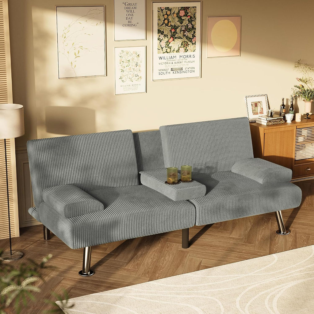 Homall Futon Sofa Bed, Futon Couch with Removable Armrests, Adjustable Recliner Sleeper Sofa Bed with Dual Cup Holders for Living Room, Apartment, Office (Corduroy, Grey)