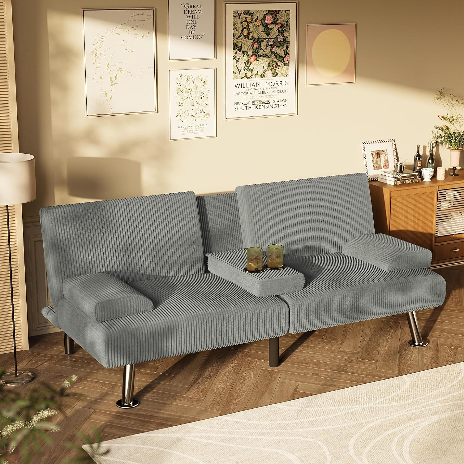 Homall Futon Sofa Bed, Futon Couch with Removable Armrests, Adjustable Recliner Sleeper Sofa Bed with Dual Cup Holders for Living Room, Apartment, Office (Corduroy, Grey)