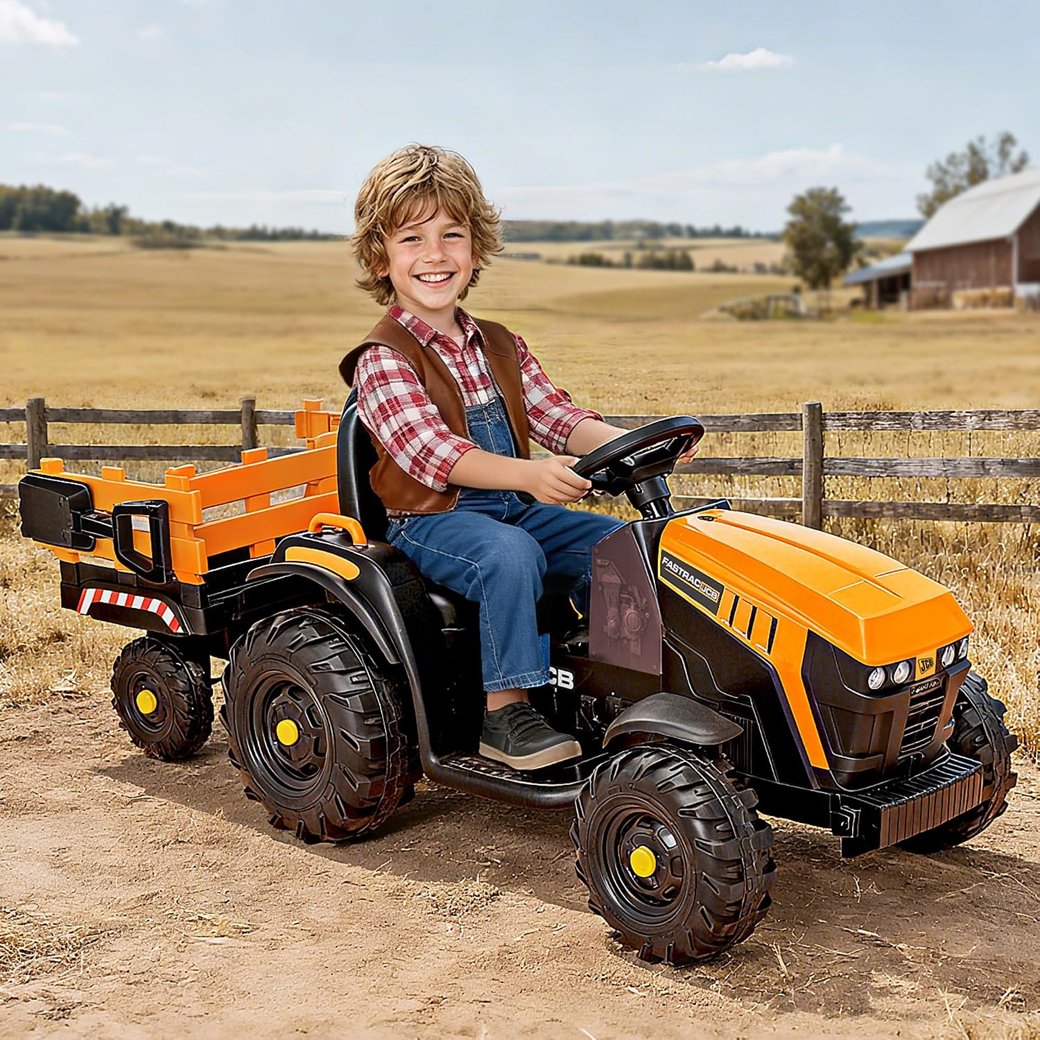 Hikiddo Licensed JCB 24V Electric Ride on Trator for Big Kids 3-8 with Trailer, Remote Control, 400W Motors - Yellow