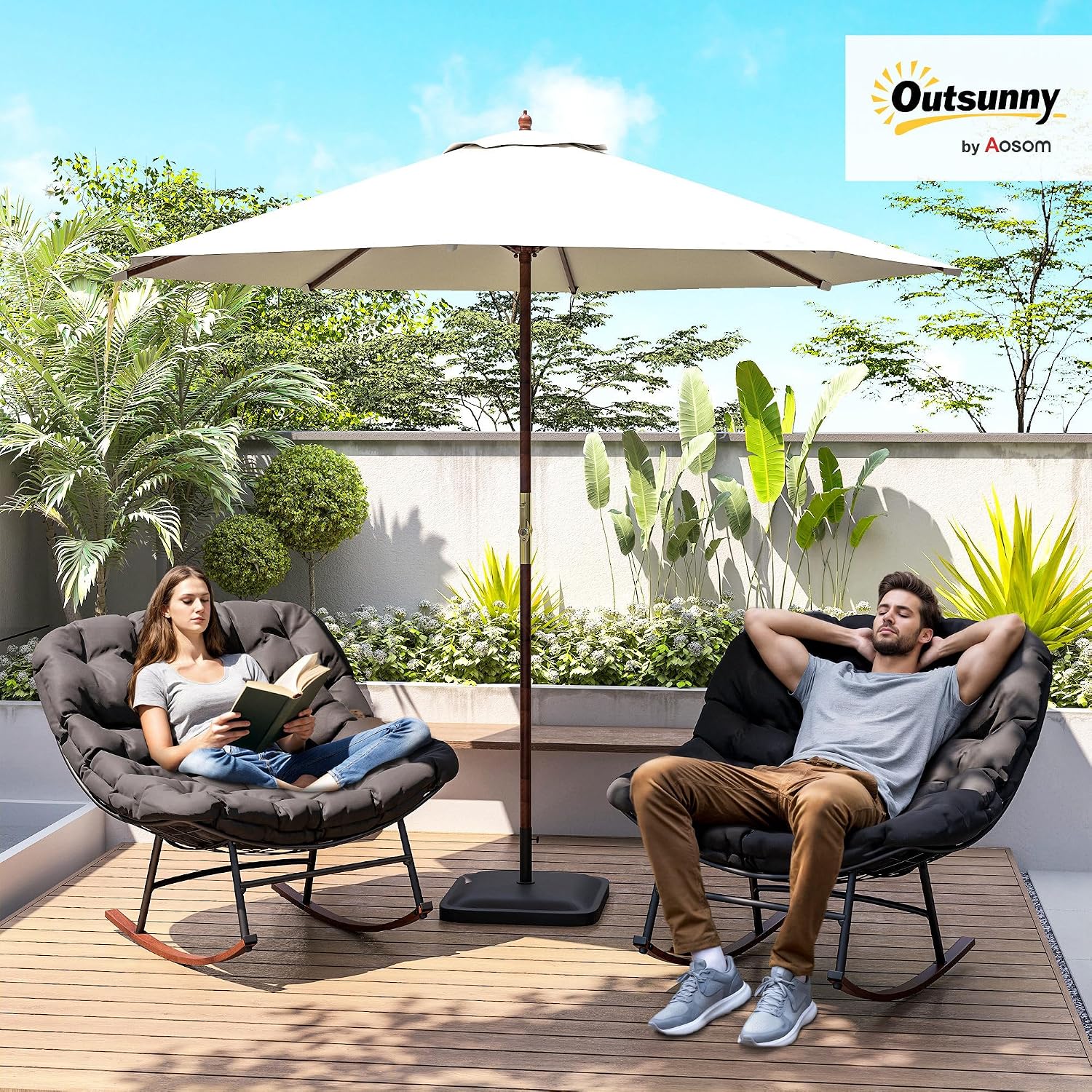 Outsunny Outdoor Rocking Chair Set of 2, Oversized Rocking Papasan Chairs with Cushions, Steel Frame, Comfy Outdoor Rockers for Patio Porch Lawn Garden, Black