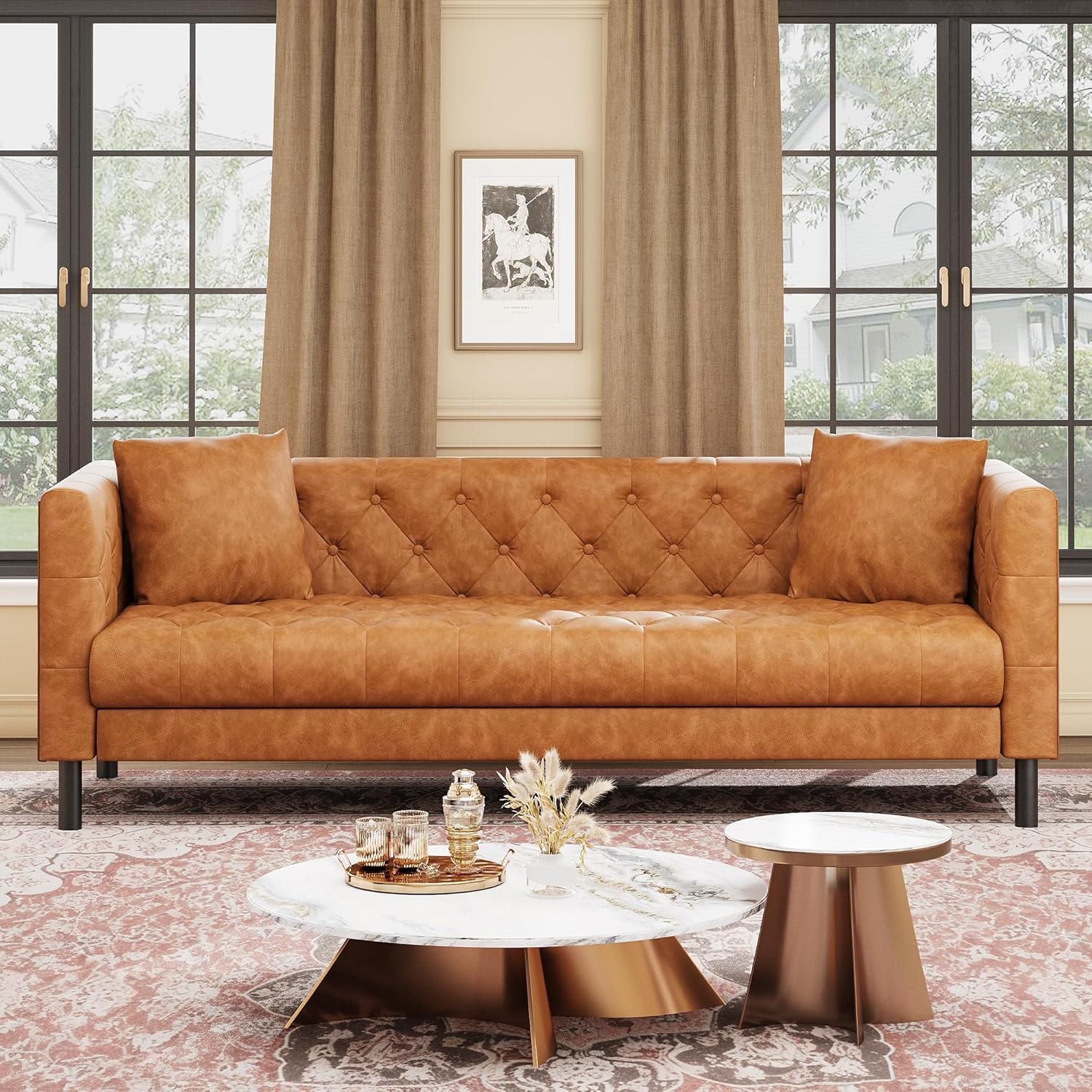 Garvee 81 Inch Leather Couch for Living Room, Modern Leather Sofa with Deep Seat, Handmade Button Tufted Sofa, Chesterfield 3 Seat Couch for Apartment, Office, Cognac Tan