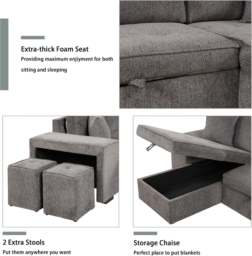 104.5 inch Reversible Sleeper Sectional Sofa with Pull Out Bed , Convertible L Shaped Sectional Couch with Storage Chaise and 2 Stools , Tufted Upholstered Pullout Sofa Bed for Living Room Apartment