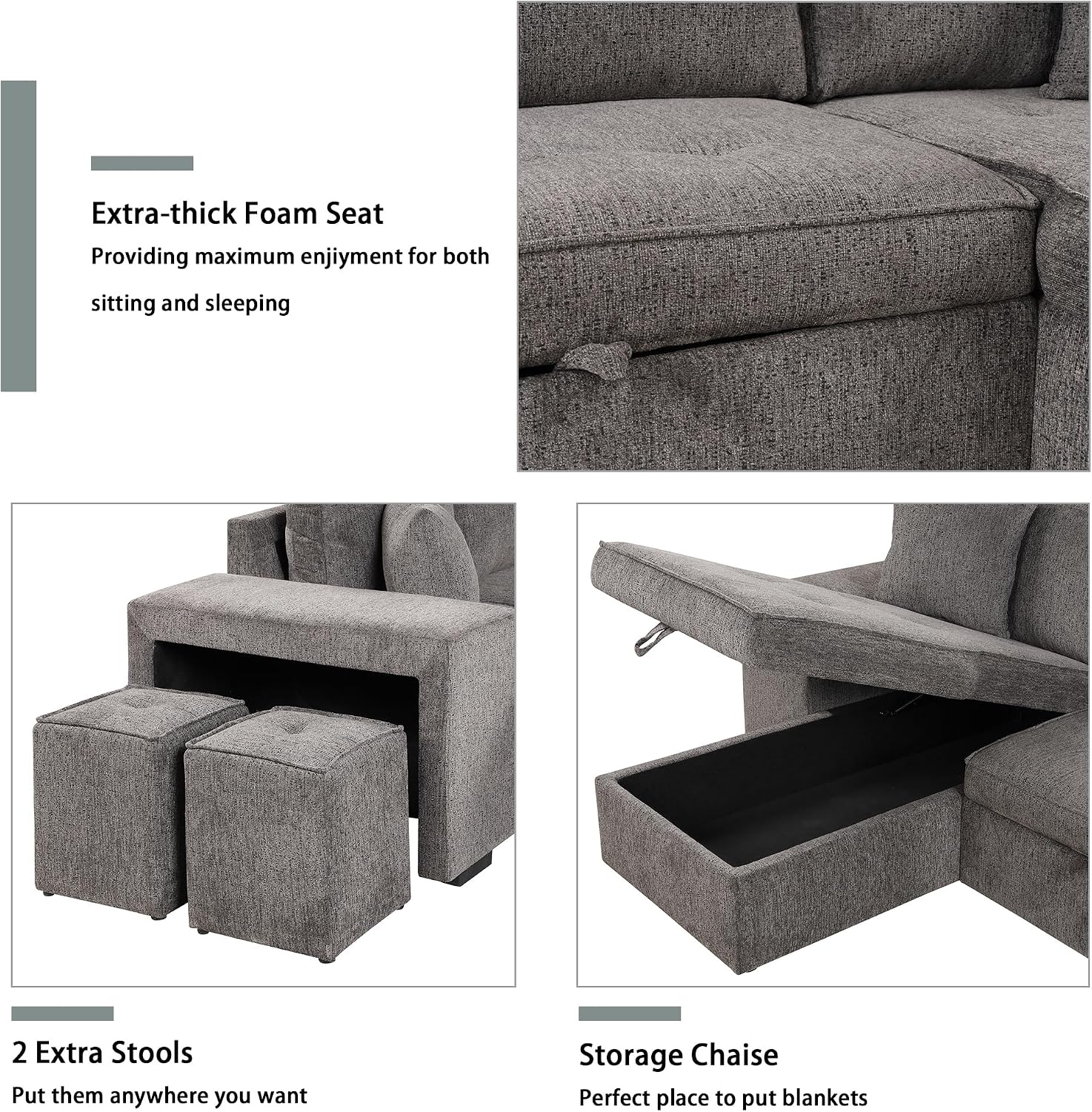 104.5 inch Reversible Sleeper Sectional Sofa with Pull Out Bed , Convertible L Shaped Sectional Couch with Storage Chaise and 2 Stools , Tufted Upholstered Pullout Sofa Bed for Living Room Apartment