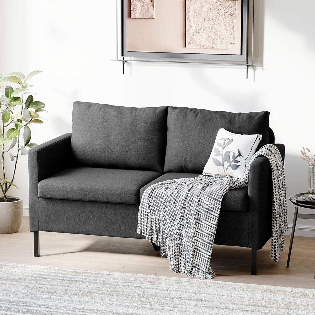 TYBOATLE Linen Fabric Modern Small Loveseat Sofa Couch for Living Room, 51' W Little Upholstered 2-Seater Mini Love Seats w/Iron Legs for Small Space, Apartment, Bedroom, Dorm, Office (Dark Grey)