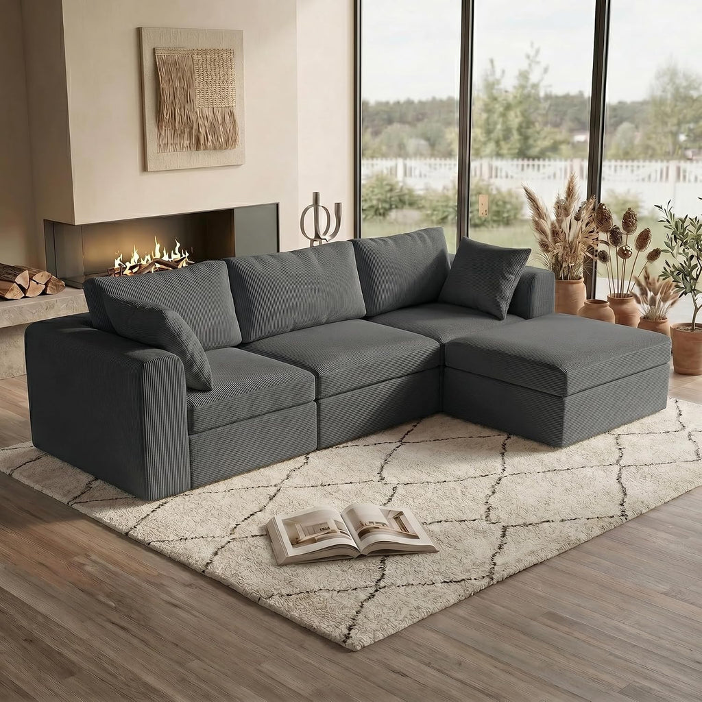 104' Cloud Sectional Couch, Boneless Modular L Shaped Couch, Upholstered Living Room Couch with Deep Seat, Modular Sectional Sofa, No Assembly Required, Grey