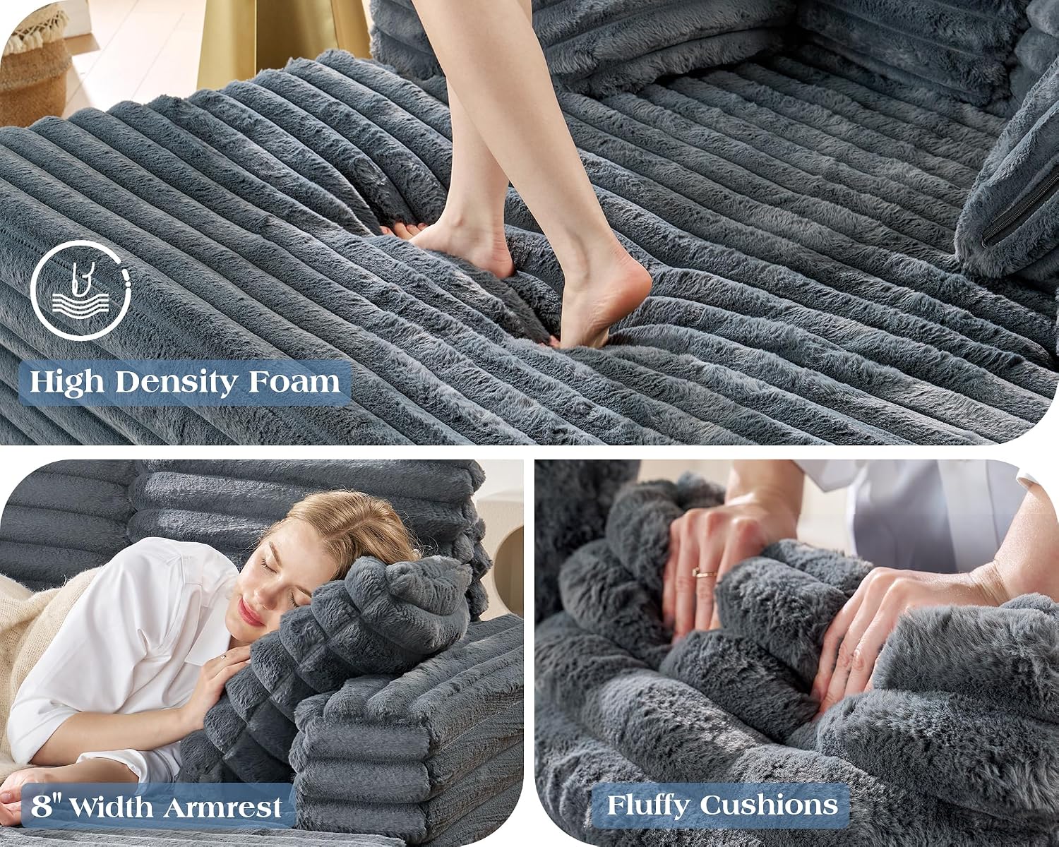 VanAcc 58-Inch Faux Fur Convertible Sofa Bed, Plush Chaise Lounge with Removable Pillows and Armrests for Living Room, Dark Grey