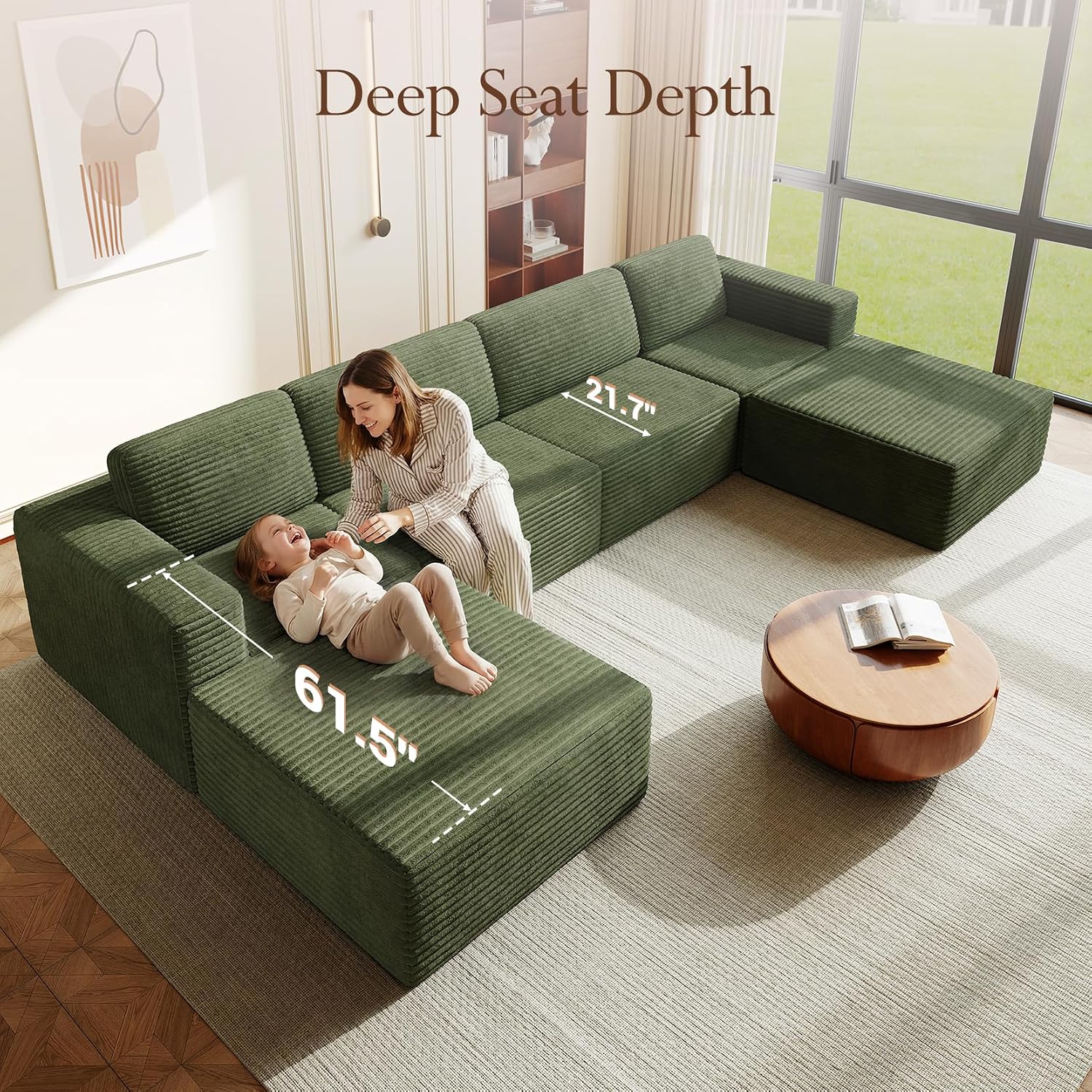 Vesgantti 159' Large Modular Sectional Sofa, U-Shaped Corduroy Cloud Couch with Deep Seats & Spring Support, 4-Seater Boneless Sofa with 2 Movable Ottomans, No Assembly Needed, Green