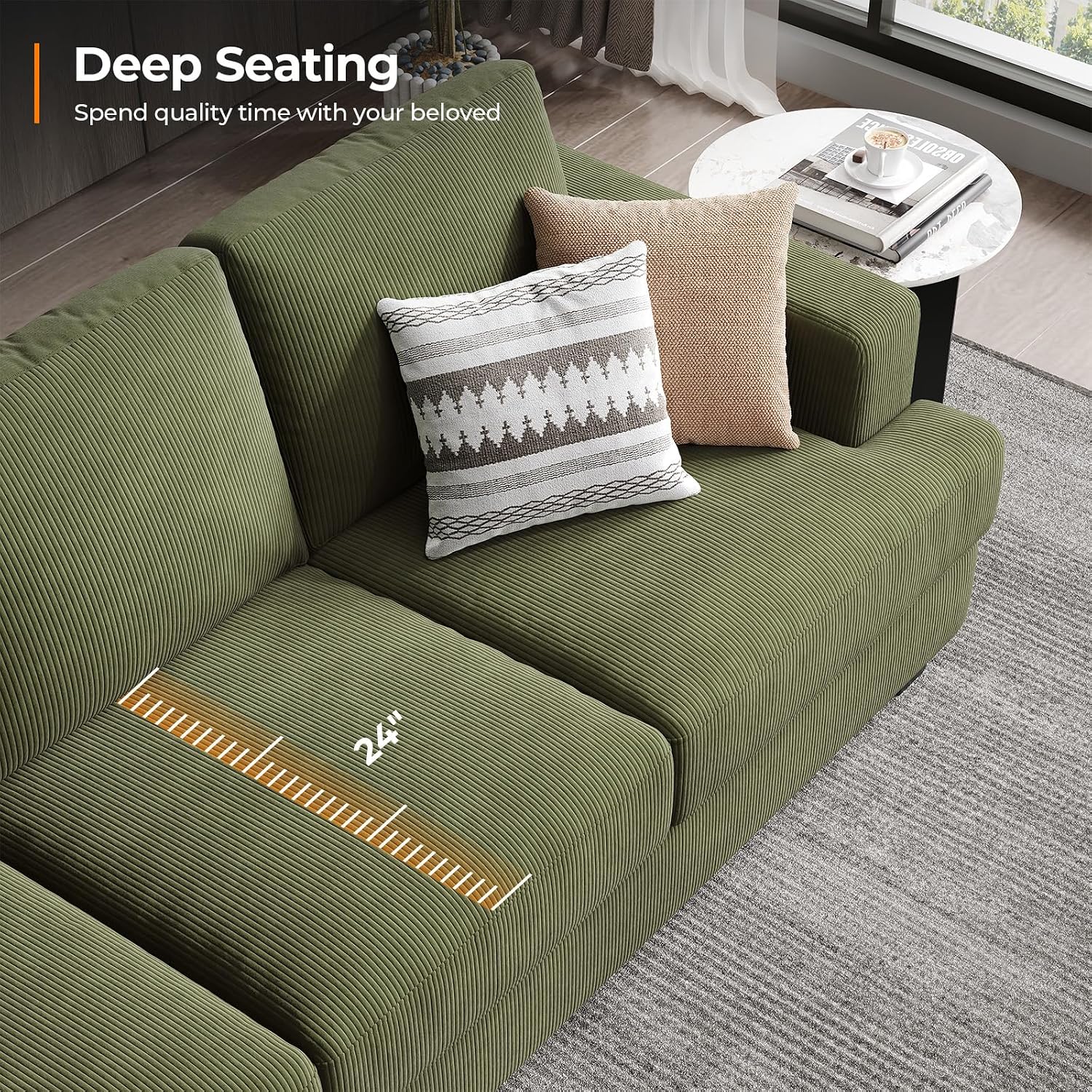 COPIAE 89 Inch Sofa with Extra Deep Seats Oversize, 3 Seater Sofa for Living Room, Modern Couch and Sofa, Comfy Armrests and Seats and Backrests, Easy Installation, Corduroy Fabric Green