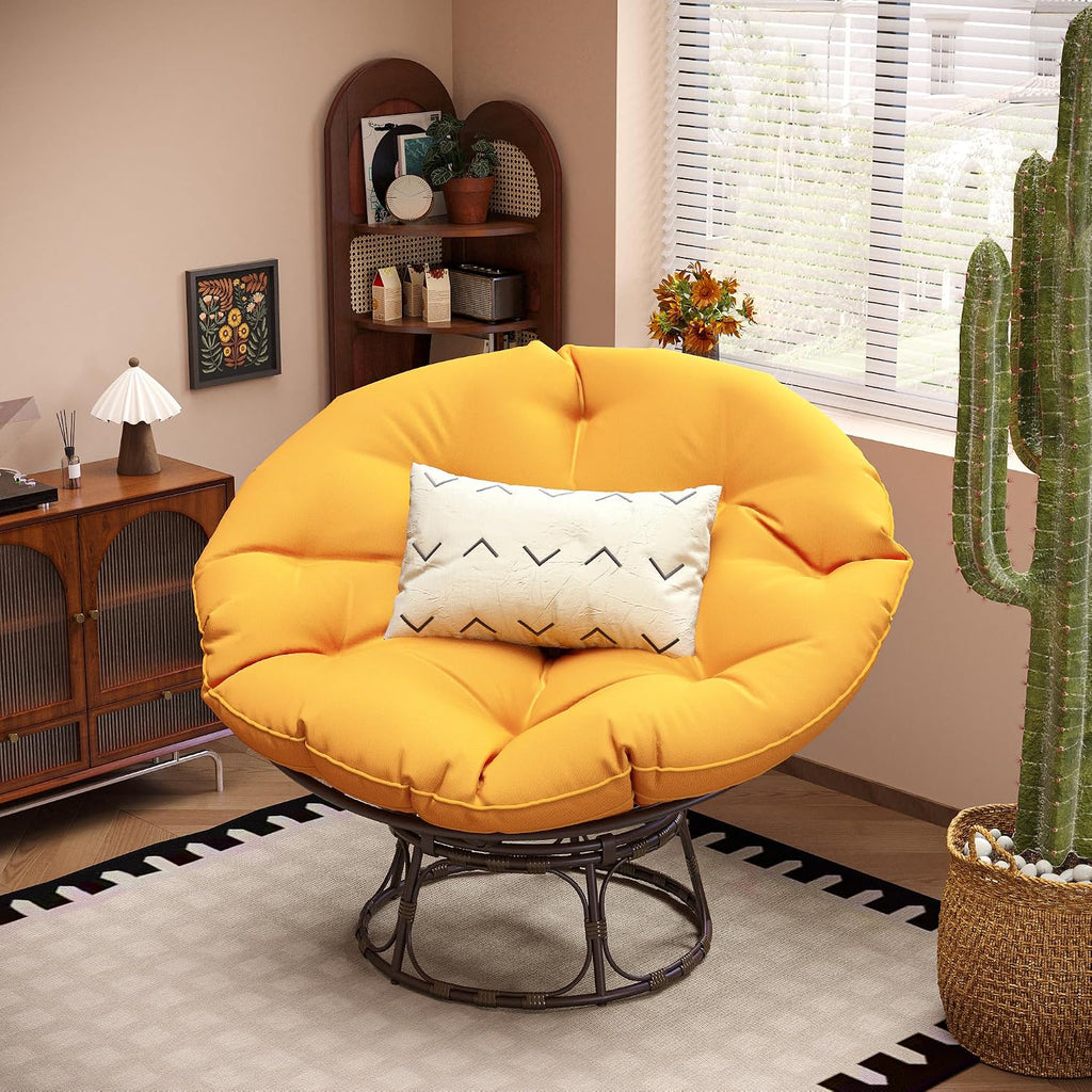46'' Large Size Papasan Chair (Non-Swivel) with Cushion and Frame, Overstuffed Thickened Lazy Chair, Mustard Yellow