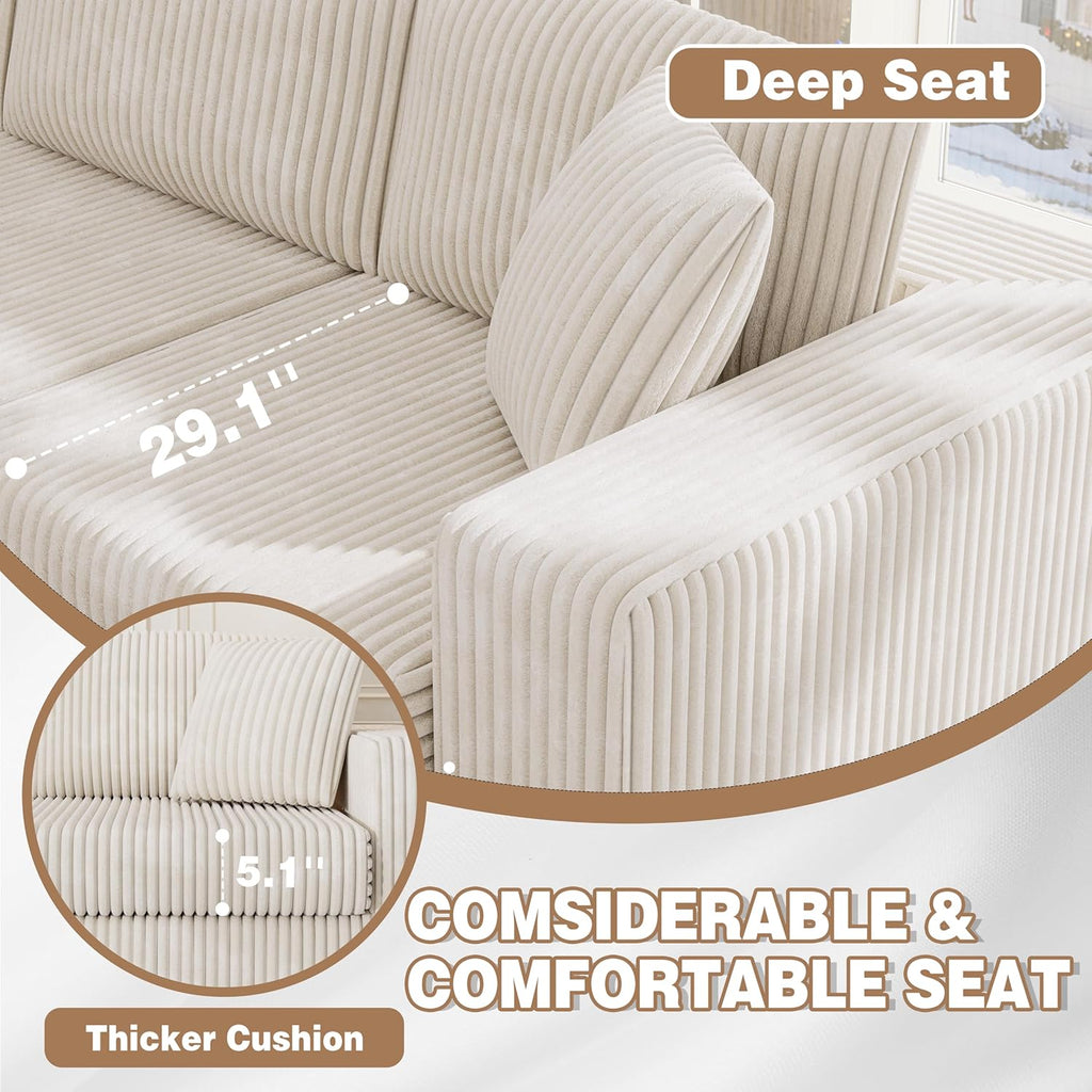 JAMFLY 105' Boneless Couches for Living Room Modular Sectional Sofa L-Shape Couch with Oversized Chaise, Cloud Couch Deep Seat Memory Foam Upholstered for Bedroom, Plush Corduroy Fabric, Cream Beige