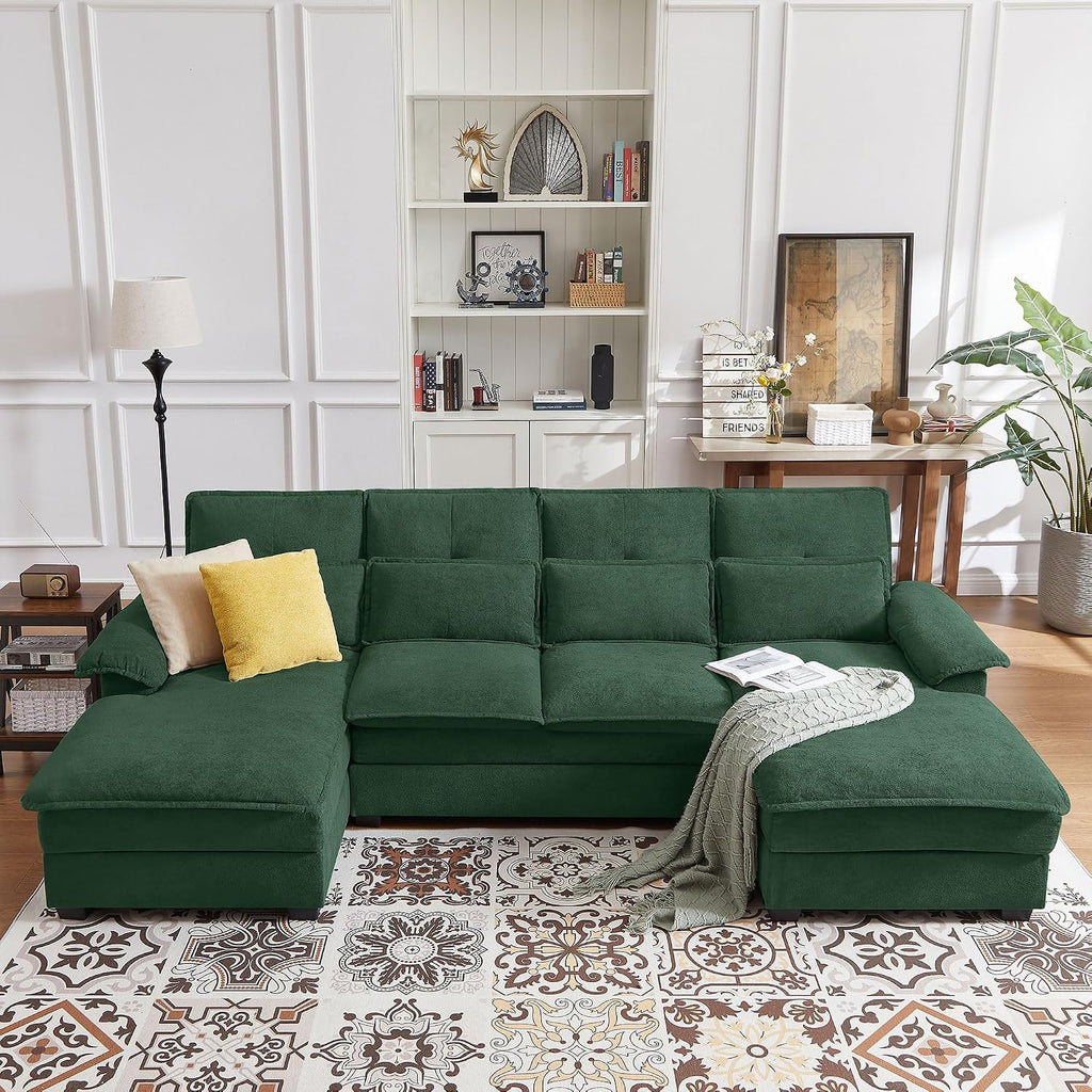 110' Comfy Cloud Couch Sectional Sofa with Lumbar Pillows, Modern U-Shaped Cloud Sofa with Double Chaise & Deep Seat for Living Room, or Office, Easy Assembly, Dark Green