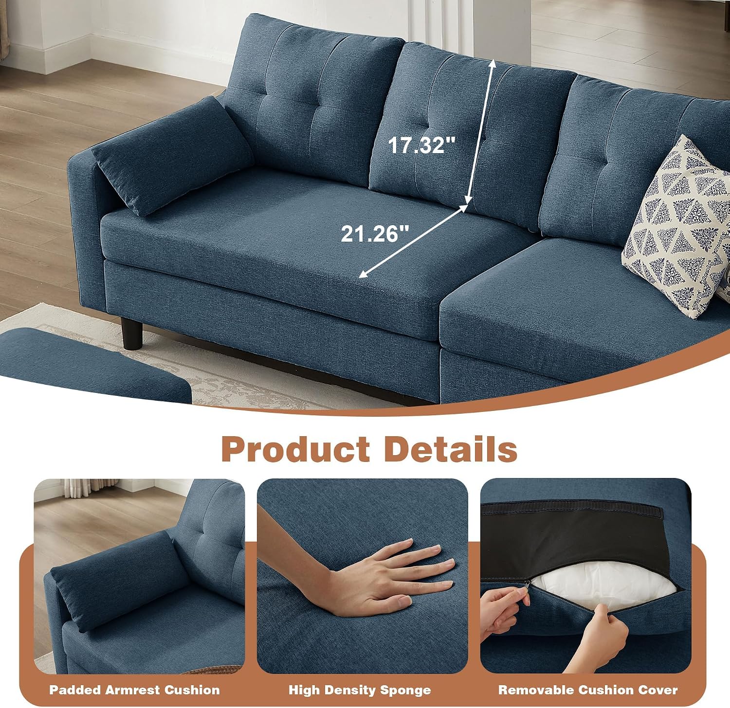 101' Sectional Sofa 4 Seat U Shaped Couch with Storage Ottoman for Living Room, Reception Room ect, Combination Sectional Couch with Movable Ottoman Sets, Blue