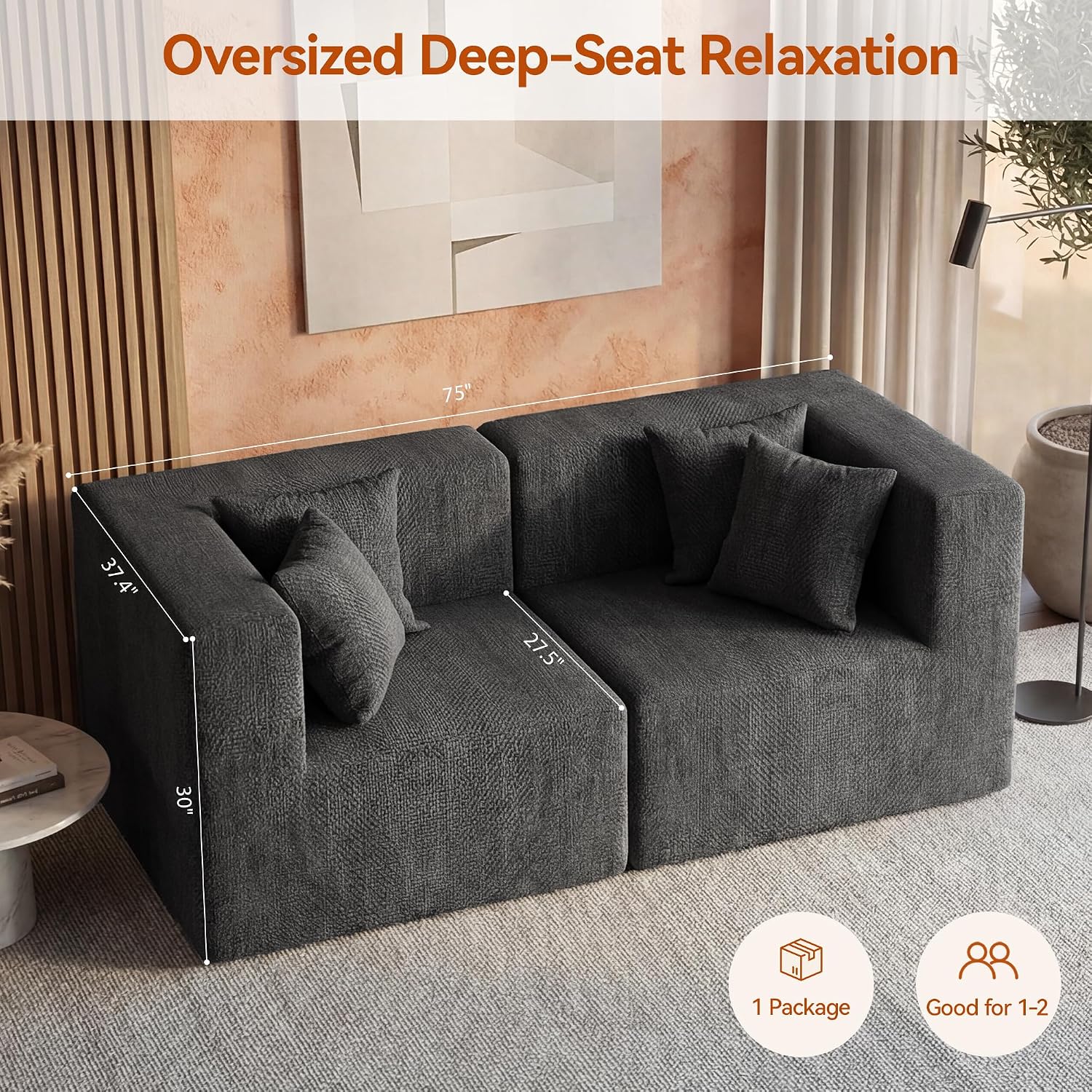 MONVANE 75' Loveseat Sofa, Comfy Chenille Cloud Couch with 4 Pillows, Modern Deep Seat Boneless Couch, 2 Seater Sofa for Living Room, Bedroom and Apartment, No Assembly Required, Grey