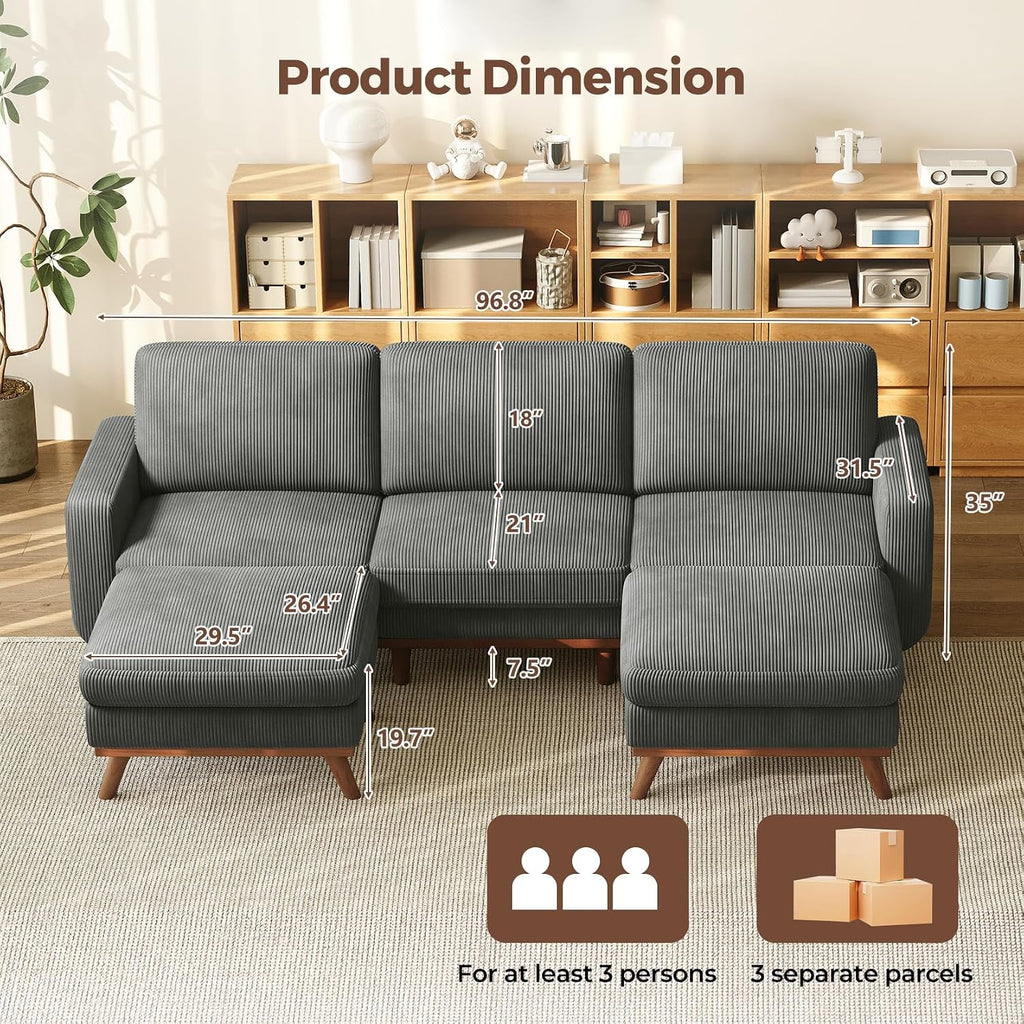 Vesgantti 97' Modular Sectional Sofa Dark Gray, U-Shaped Couch with Movable Ottoman, Comfy Corduroy Couch with Spring Cushion, Modular Sofa with Deep Seat for Living Room, Bedroom and Apartment