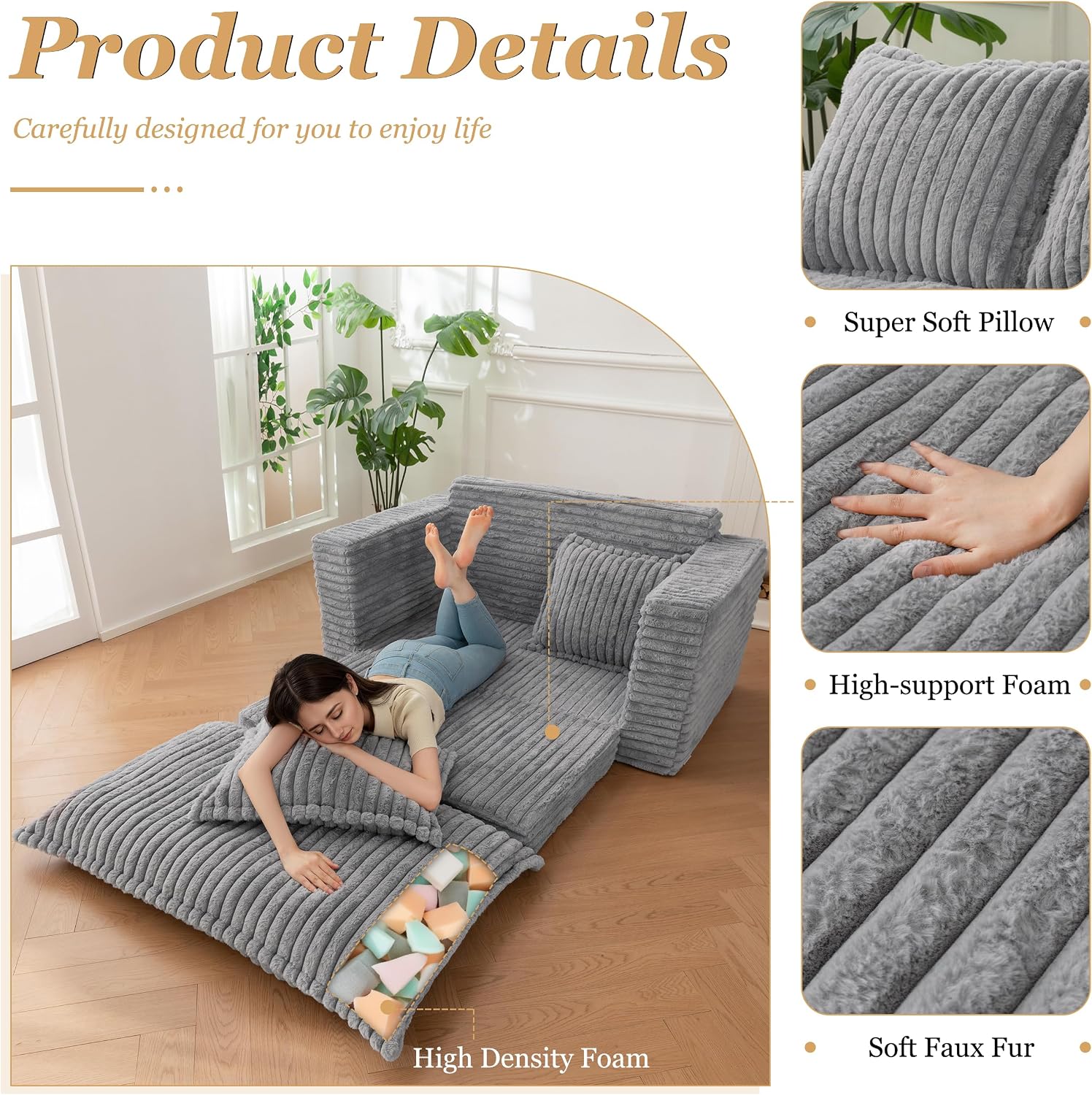 YOSHOOT Loveseat Sleeper Sofa, Convertible Sofa Bed Couch Futon Couches for Living Room, 3-in-1 Pull Out Floor Couch with Washable Cushion and Pillows, Dark Grey