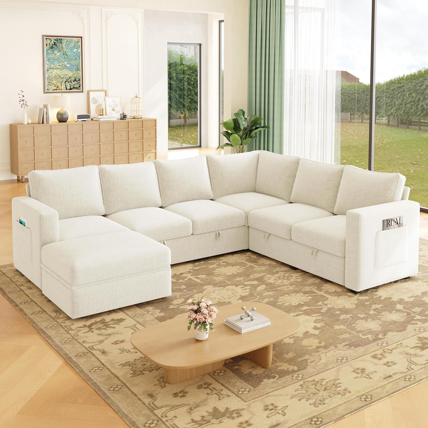 106.7' Sectional Sleeper Sofa with Pull Out Couch, Modern 7 Seat U Shaped Modular Couch, Sectionals Modular Sofa with Storage, Comfy Sectional Couches for Living Room & Apartment, Light Beige