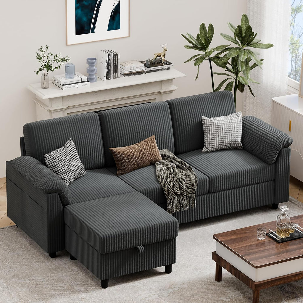 Vongrasig 79' Convertible Sectional Couches Sofa with Storage Ottoman, 3 Seat L Shaped Couch with Side Storage Pockage, Small Couches for Living Room, Apartment and Small Space, Grey
