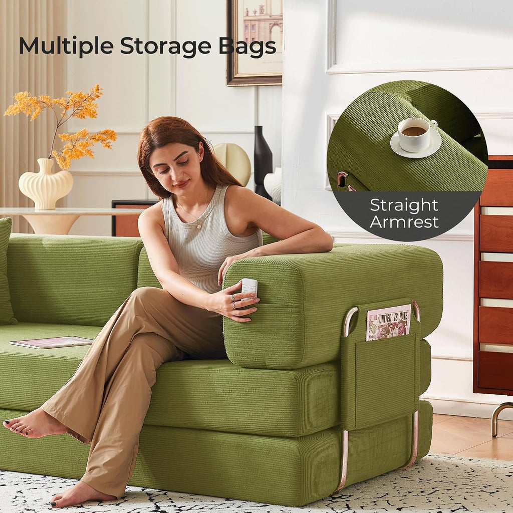 79' Convertible Sofa Bed with Pillows, Corduroy Folding Sleeper Sofa with Fixed-Shape Frame, Boneless Couch for Living Room Bedroom, Floor Sofa Lounge No Assembly Required (A - Style - Olive Green)
