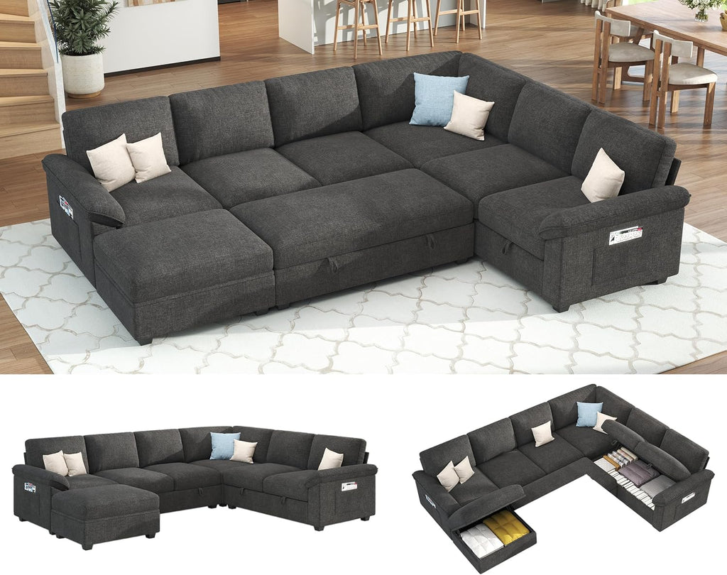 Jocisland 105' Sofa Bed, Sectional Sleeper Sofa with Pull Out Bed/Reclining Backrest, Sleeper Couch Bed with Storage, 6 Seater Couch Bed for Living Room, Chenille Dark Gray