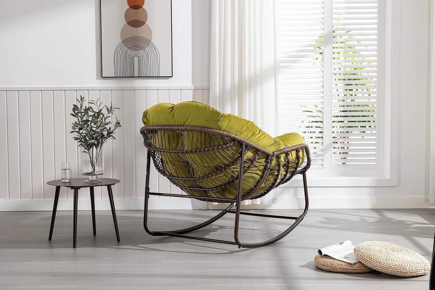 Oversized Indoor Outdoor Rocking Papasan Chair, Rattan Wicker Egg Rocking Chair with Steel Frame & Thick Olefin Cushion, Comfy Recliner Lounger for Patio, Backyard, Balcony, Garden,Olive Green