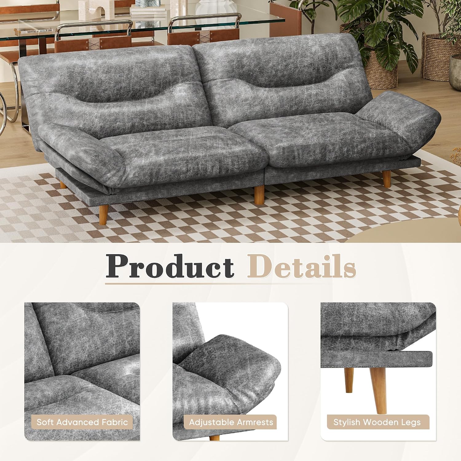 Homall Futon Sofa Bed, Modern Loveseat Futon Couch with Adjustable Backrest and Armrests, Sleeper Sofa Bed with Wood Frame for Living Room, Office, Apartment (Leathaire, Heather Gray)