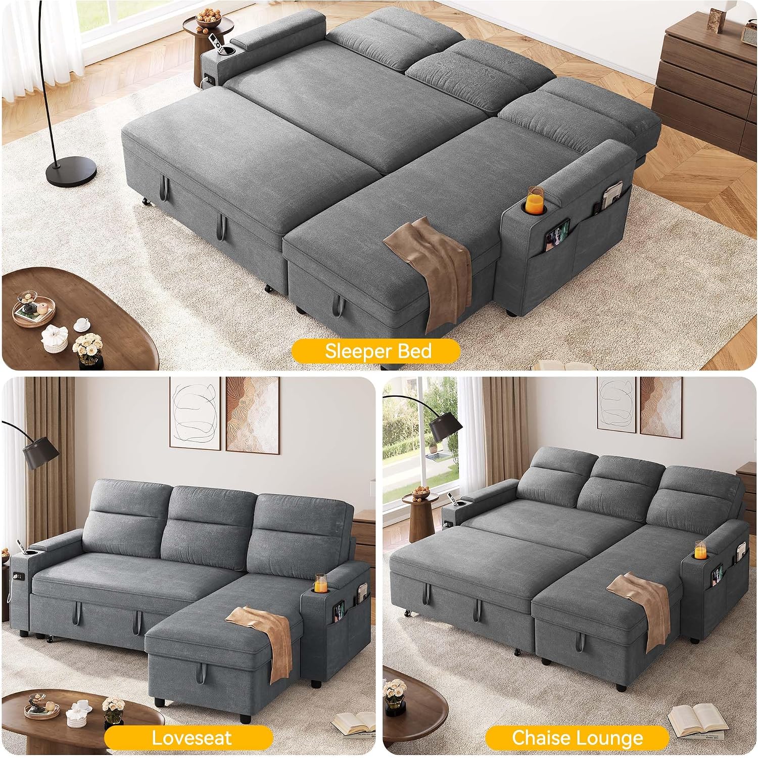 DWVO Convertible Sleeper Sofa with Adjustable Backrest & Pull Out Bed, L-Shaped Sectional Sofa Bed with Armrest & USB Port, Upholstered Sectional Couch for Living Room, No-Tool Assembly, Grey