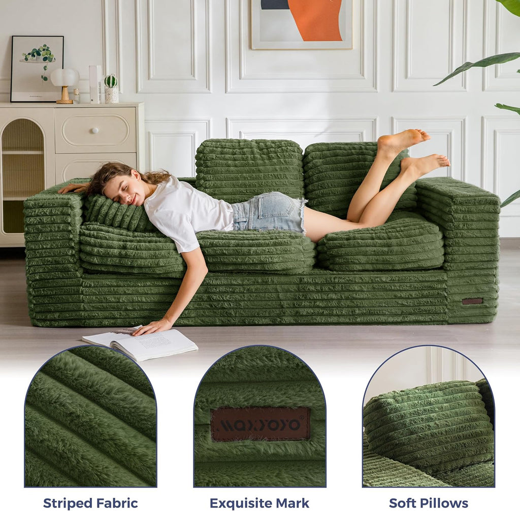 MAXYOYO 3-Seater Boneless Sofa Couch in a Box, Modern Faux Fur Sofa for Living Room, Soft High-Density Foam Couch with Pillows, Fluffy & Supportive Lounge, No Assembly Required, Green