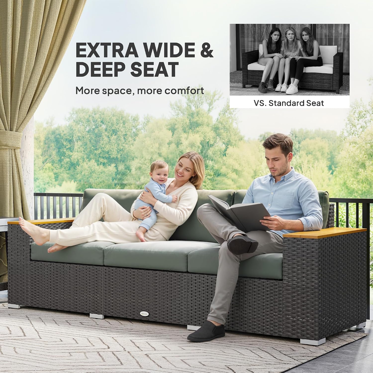 Outsunny 3-Seat Outdoor Patio Sofa with 24.5' Extra Wide Deep Seats, PE Wicker Sofa with Wide Wood Effect Armrests and 4' Cushions, Rattan Outdoor Couch for Porch, Garden, Poolside, Dark Gray