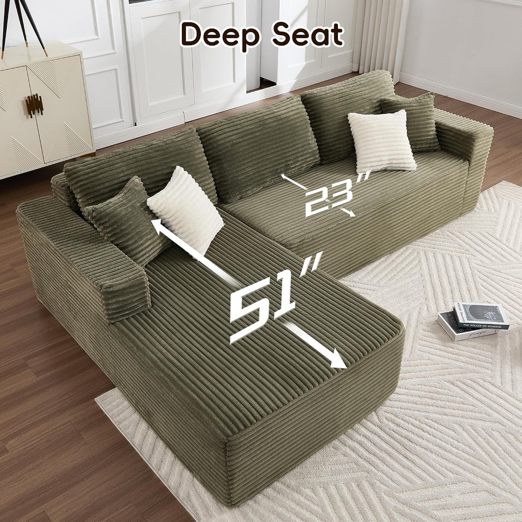 Opiesit 108' Boneless Couches for Living Room, Modular Sectional Sofa with Oversized Chaise, L-Shape Cloud Couch with Deep Seat, High-Density Memory Foam, No Assembly Required, Plush Corduroy Green