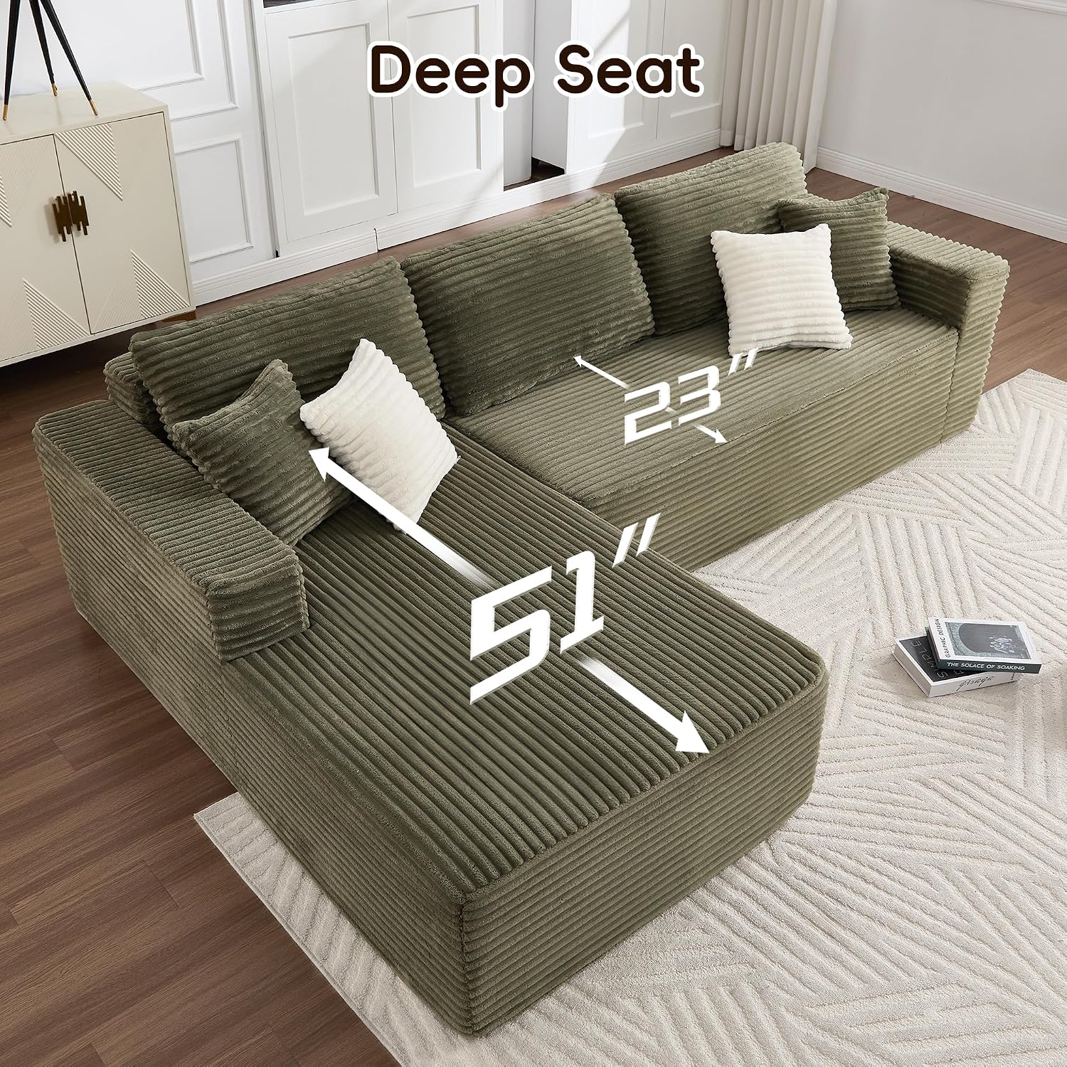 Opiesit 108' Boneless Couches for Living Room, Modular Sectional Sofa with Oversized Chaise, L-Shape Cloud Couch with Deep Seat, High-Density Memory Foam, No Assembly Required, Plush Corduroy Green
