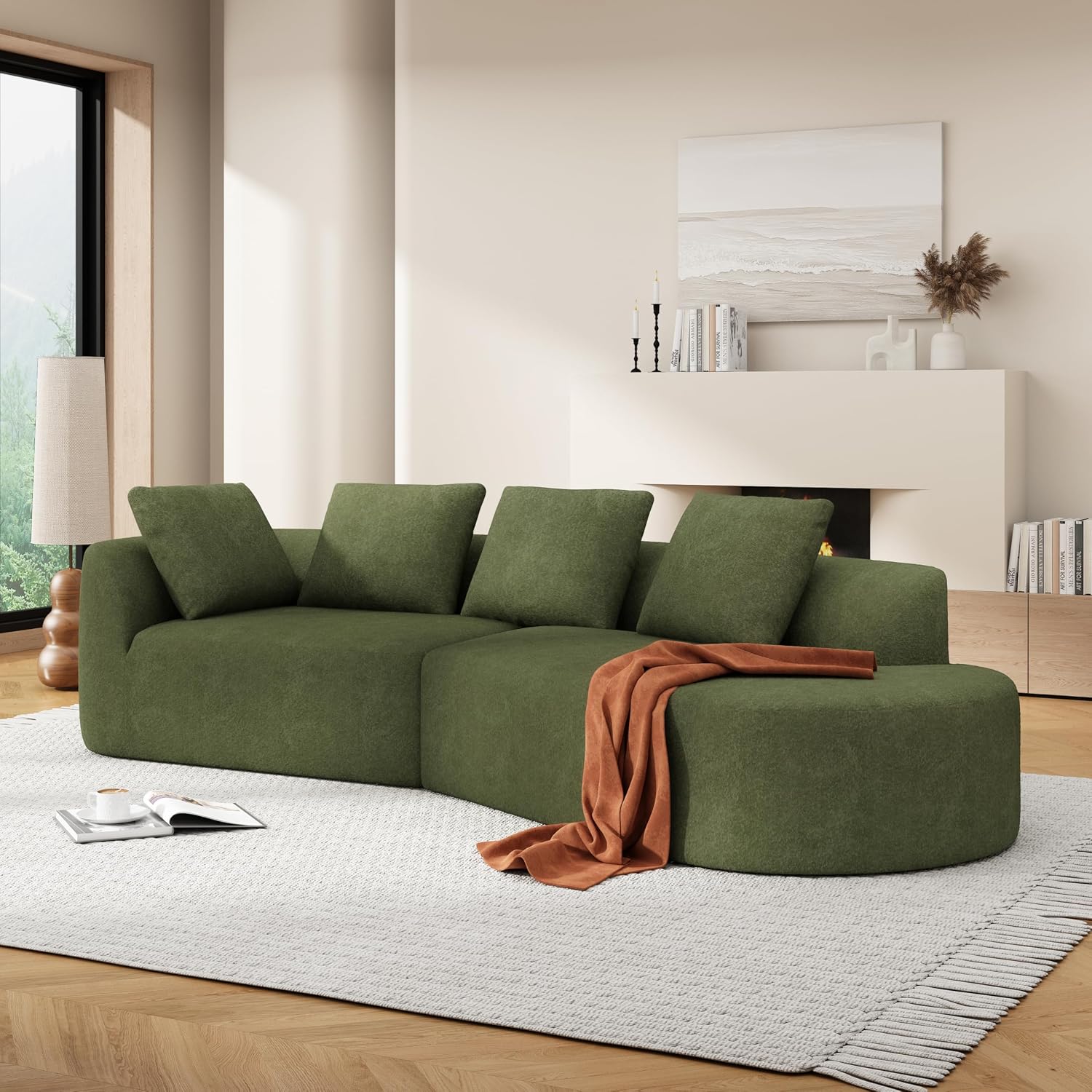 Christopher Knight Home Randa Modern Fabric Upholstered 5-Seater Sofa, Oversized Chair Cloud Couch, Fully Assembled Long Sofa Chaise Lounge, Fully Assembled, Olive Green