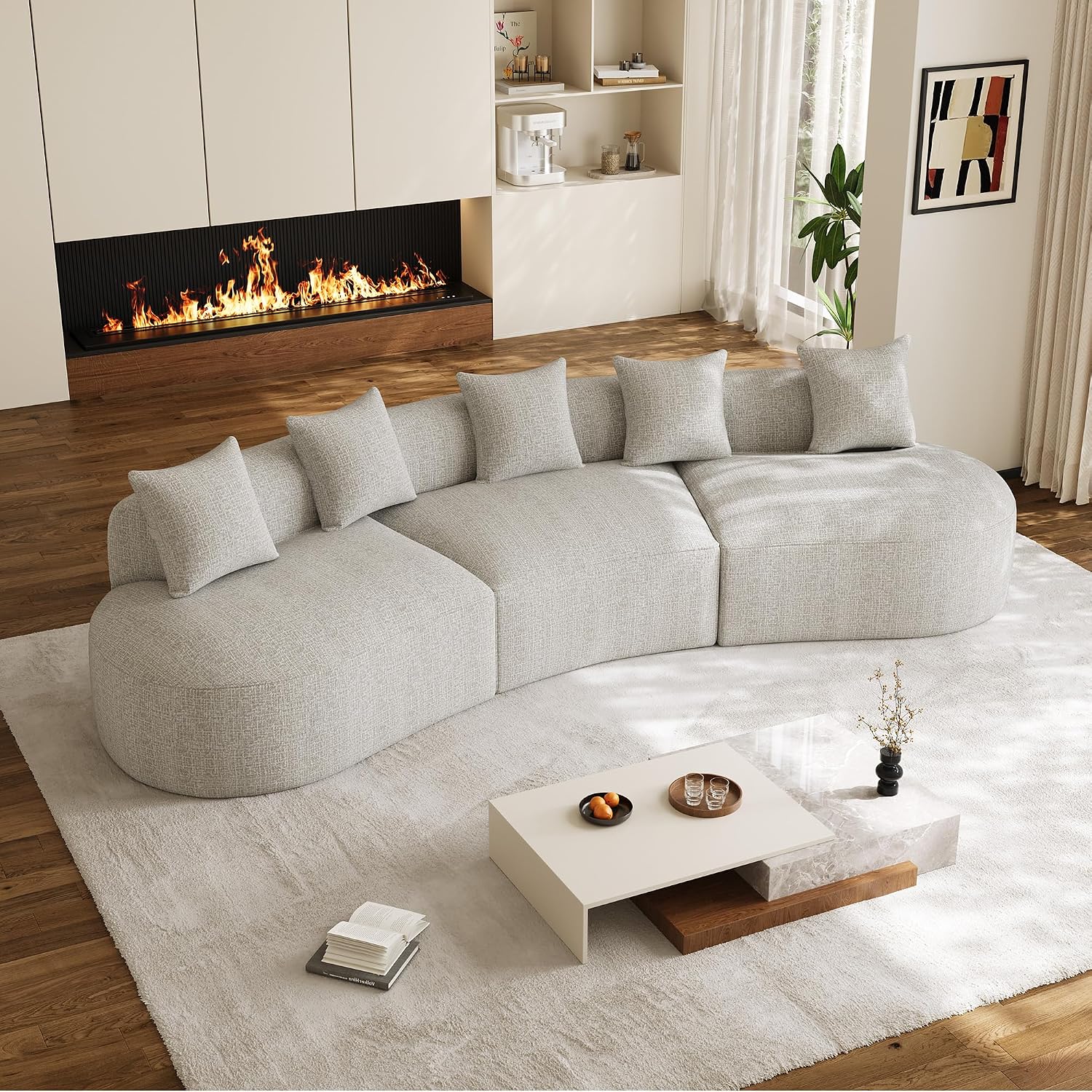 134' Oversized Sectional Sofa for Living Room, Modern Luxury Plush Chenille 4-Seater Extra Deep & Wide Seat Curved Cloud Couch with 5 Throw Pillows, No Assembly Needed, Light Grey