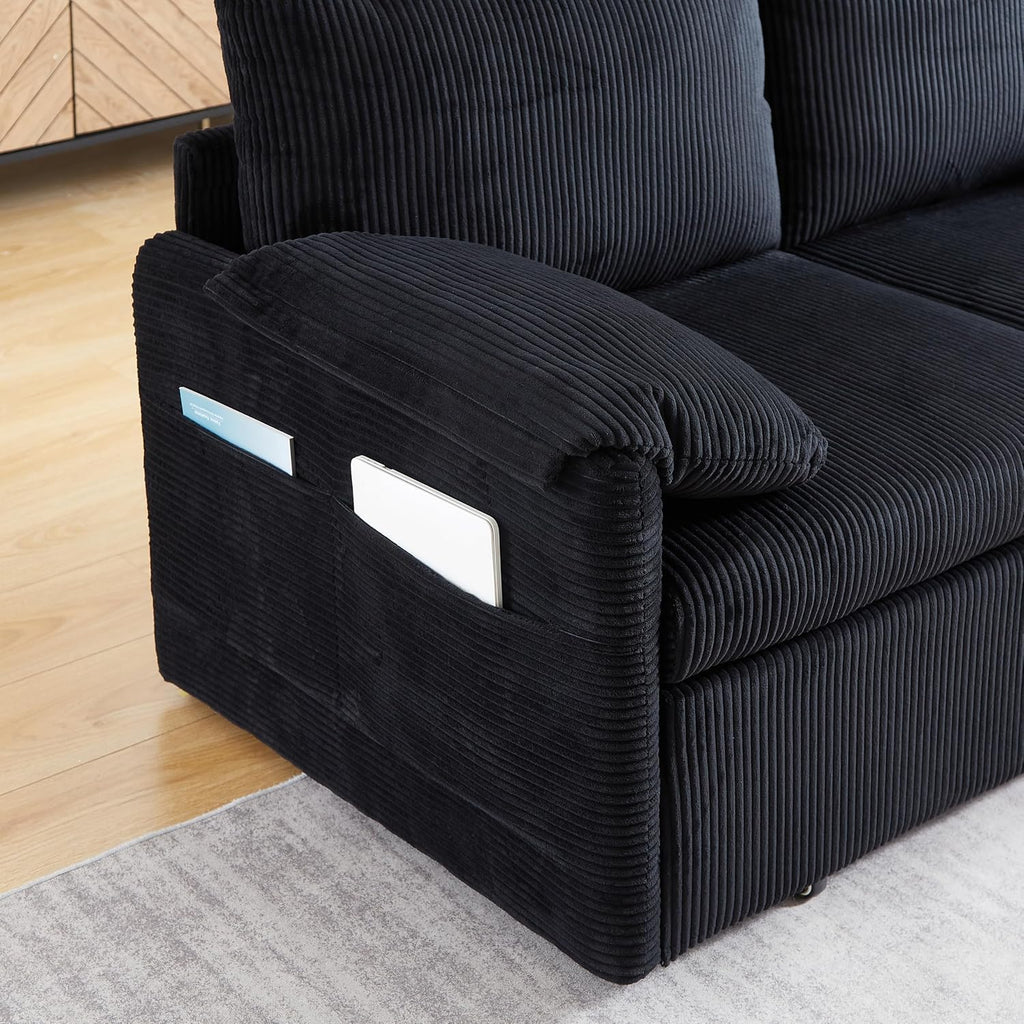 Eafurn 3 in 1 Convertible Pull Out Sleeper Sofa Couch Bed Queen Size, Corduroy Pullout Lounge Loveseat RV Sofa&Couches Sofabed with Soft Pillows Armrest,Side Pockers for Living Room Apartment