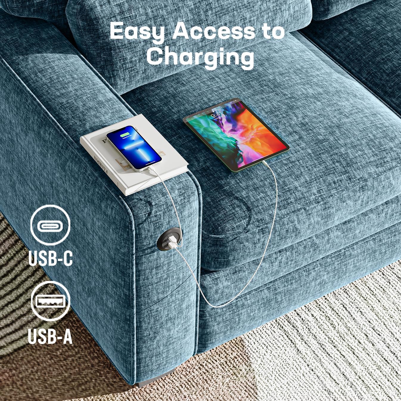 Marsail Pull Out Sofa Bed, Queen Size Sleeper Sofa with Memory Foam Mattress, 2 USB Charging and Removable Covers, Loveseat for Living Room, Apartment, Supports 600 LBS, Chenille Fabric, Blue