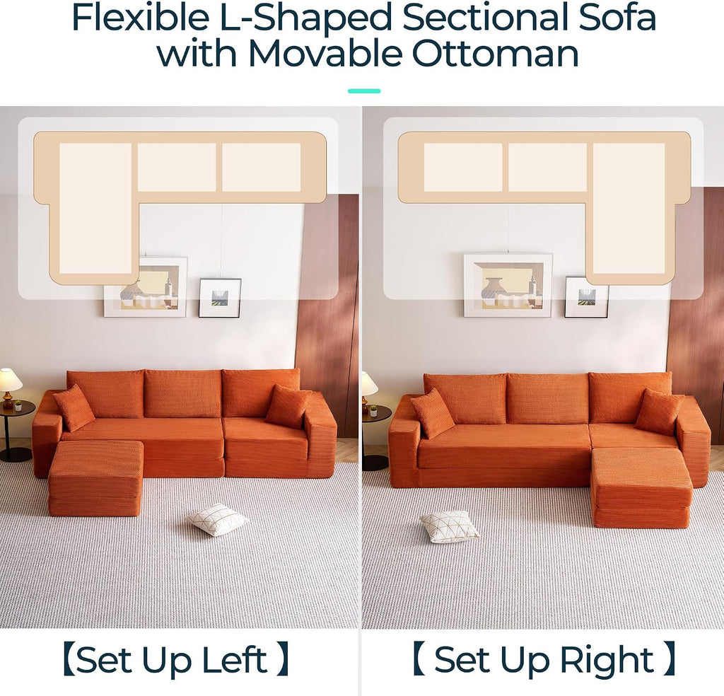 LINSY HOME Oversized Convertible Sofa Bed with 2 Pillows & Ottoman, Corduroy Boneless Couch Folding Modular Sleeper Sofa, L Shaped Couch Floor Sofa for Living Room Apartment, Upgrade Backrest (Orange)