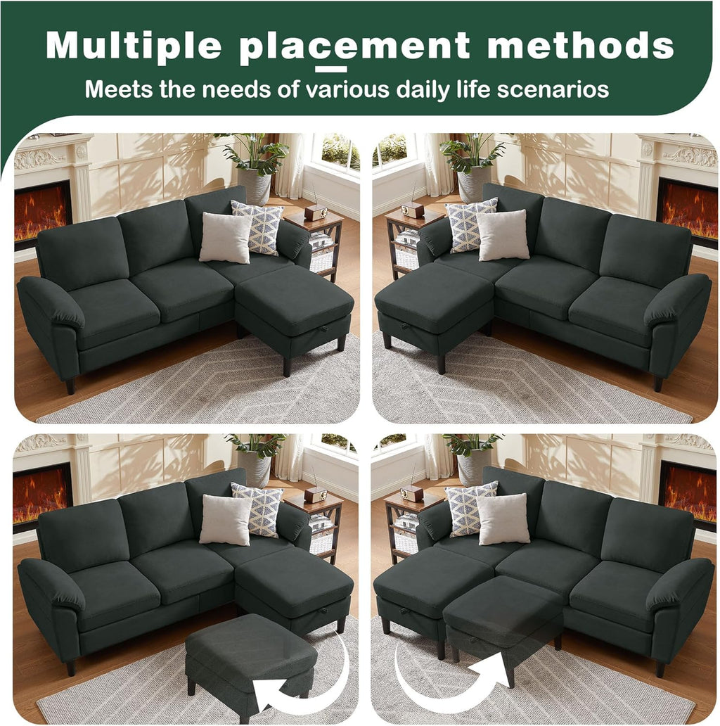 80' Convertible Sectional Sofa, Small L Shaped 3 Seat Couch with Reversible Storage Chaise, Modern Polyester Fabric Sofa Couches for Living Room, Apartment and Small Space, Black