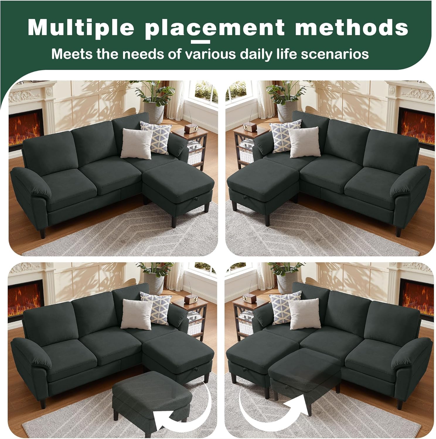 80' Convertible Sectional Sofa, Small L Shaped 3 Seat Couch with Reversible Storage Chaise, Modern Polyester Fabric Sofa Couches for Living Room, Apartment and Small Space, Black