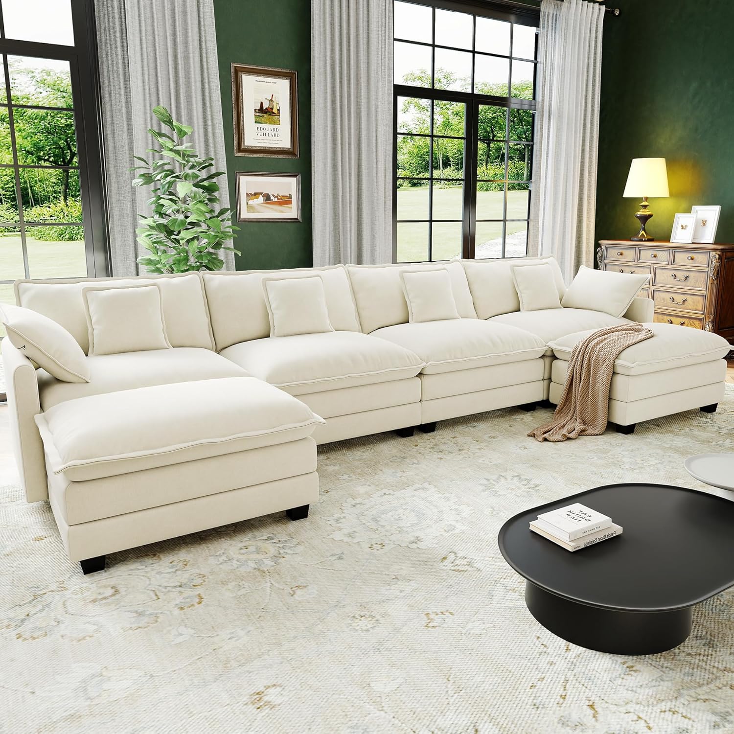 146' Cloud Couch Sectional, U Shaped Modular Sectional Sofa, 4-Seat Deep Seat Couch with 6 Removable Washable Pillows and 2 Ottoman for Living Room, Bedroom, Apartment, Beige